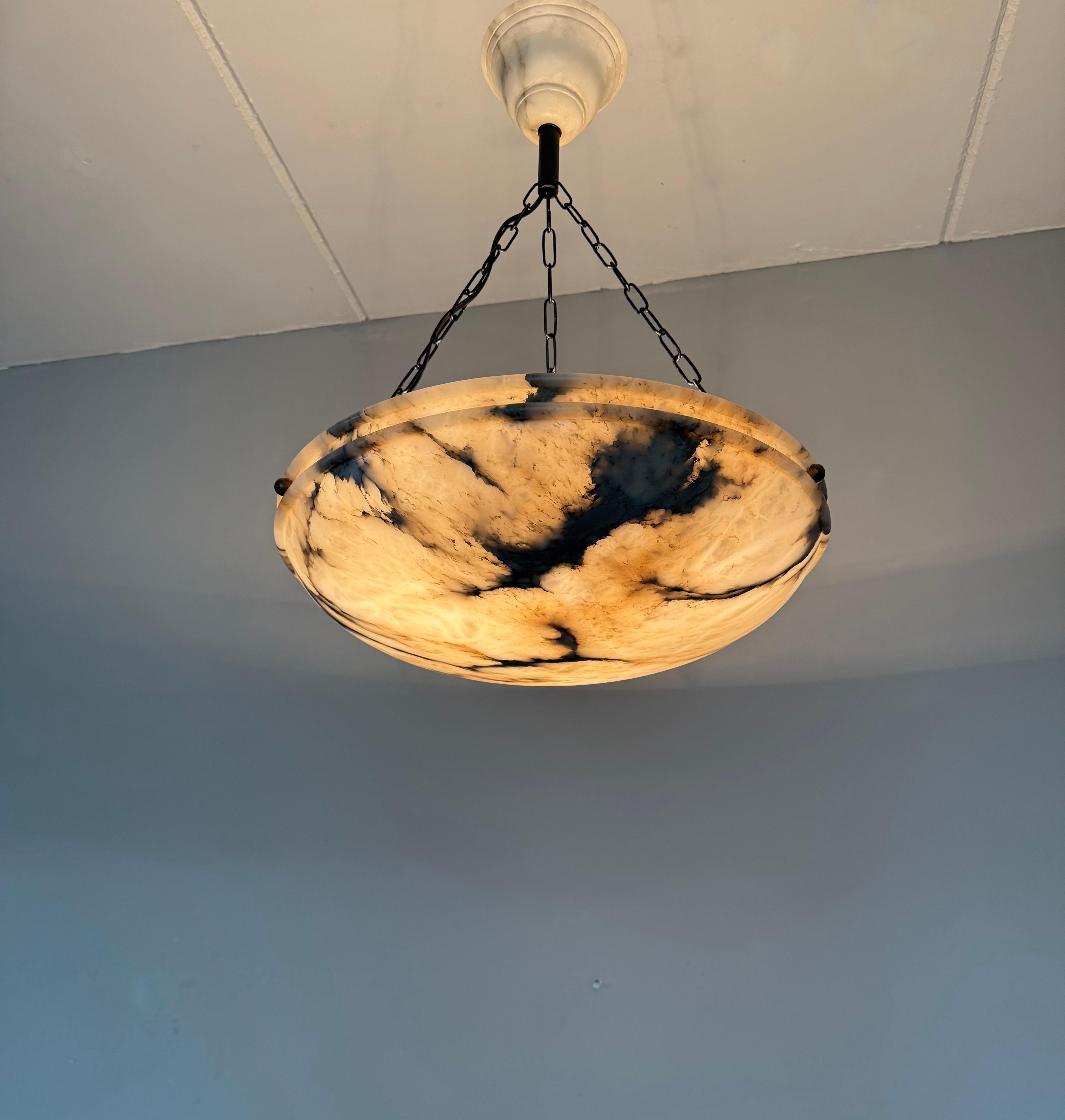 Large Ø 19.8 Antique Art Deco Disc Shape White & Black Alabaster Suspension Light 8
