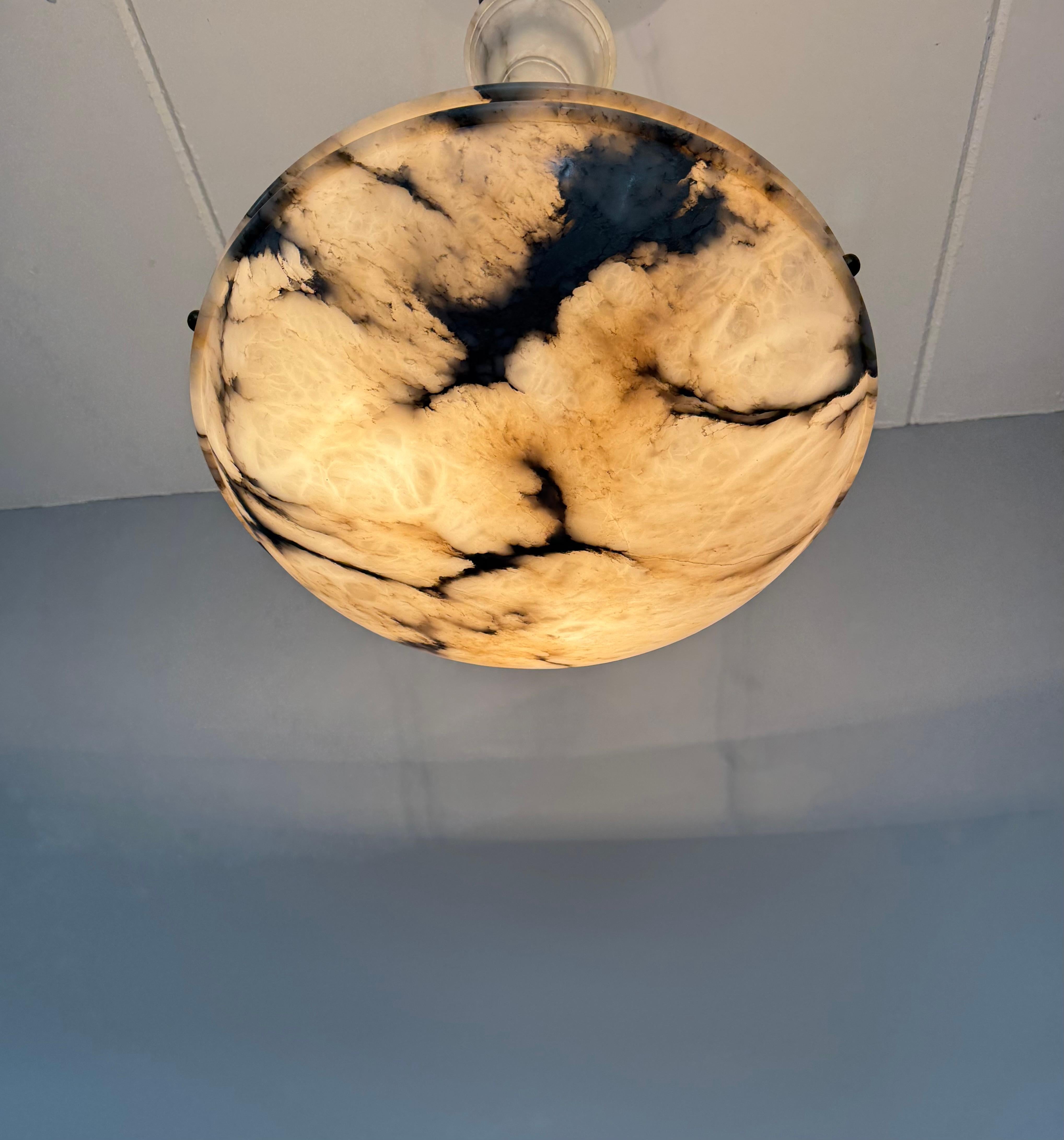 Large Ø 19.8 Antique Art Deco Disc Shape White & Black Alabaster Suspension Light 9