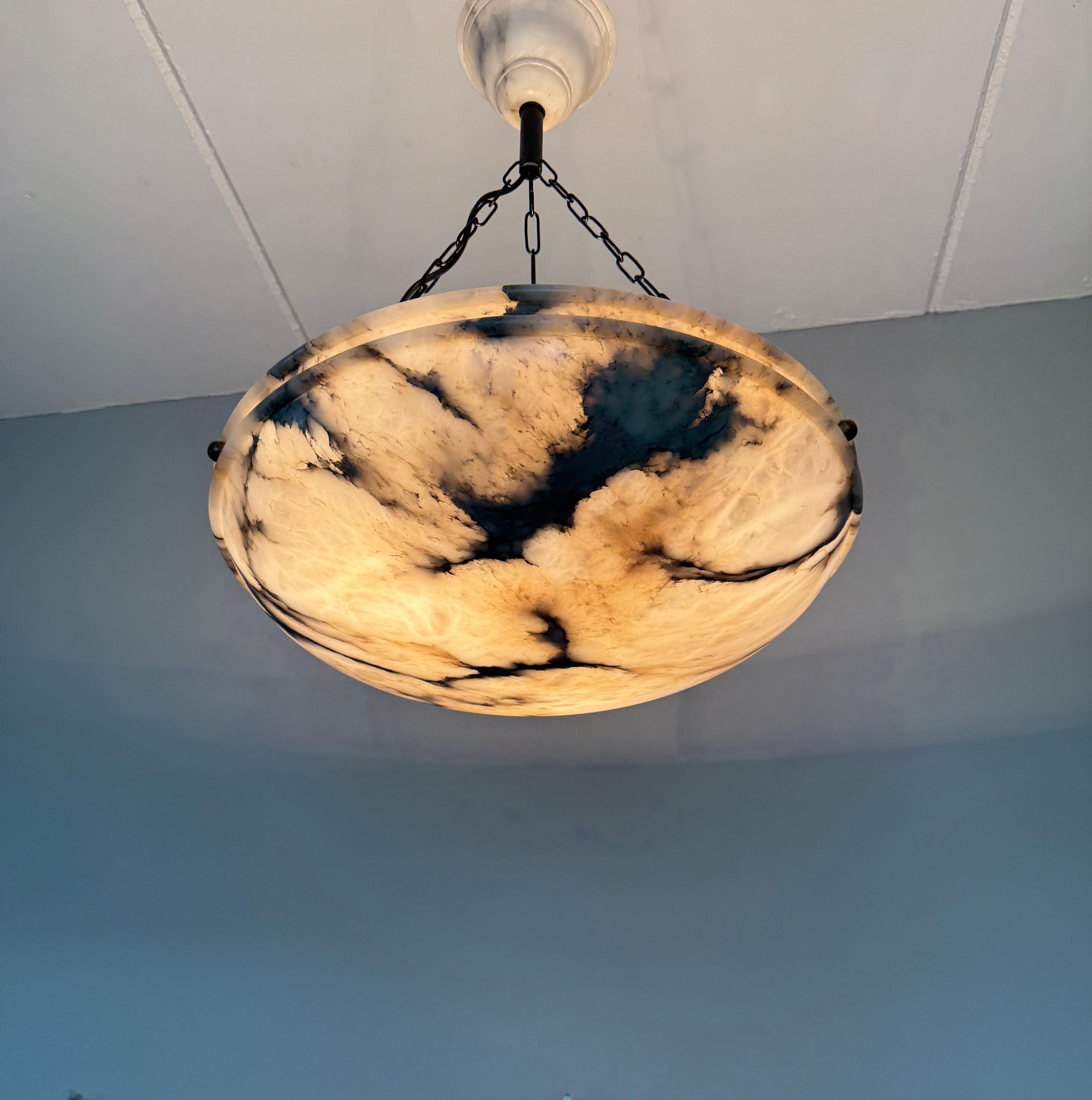 Large Ø 19.8 Antique Art Deco Disc Shape White & Black Alabaster Suspension Light 10