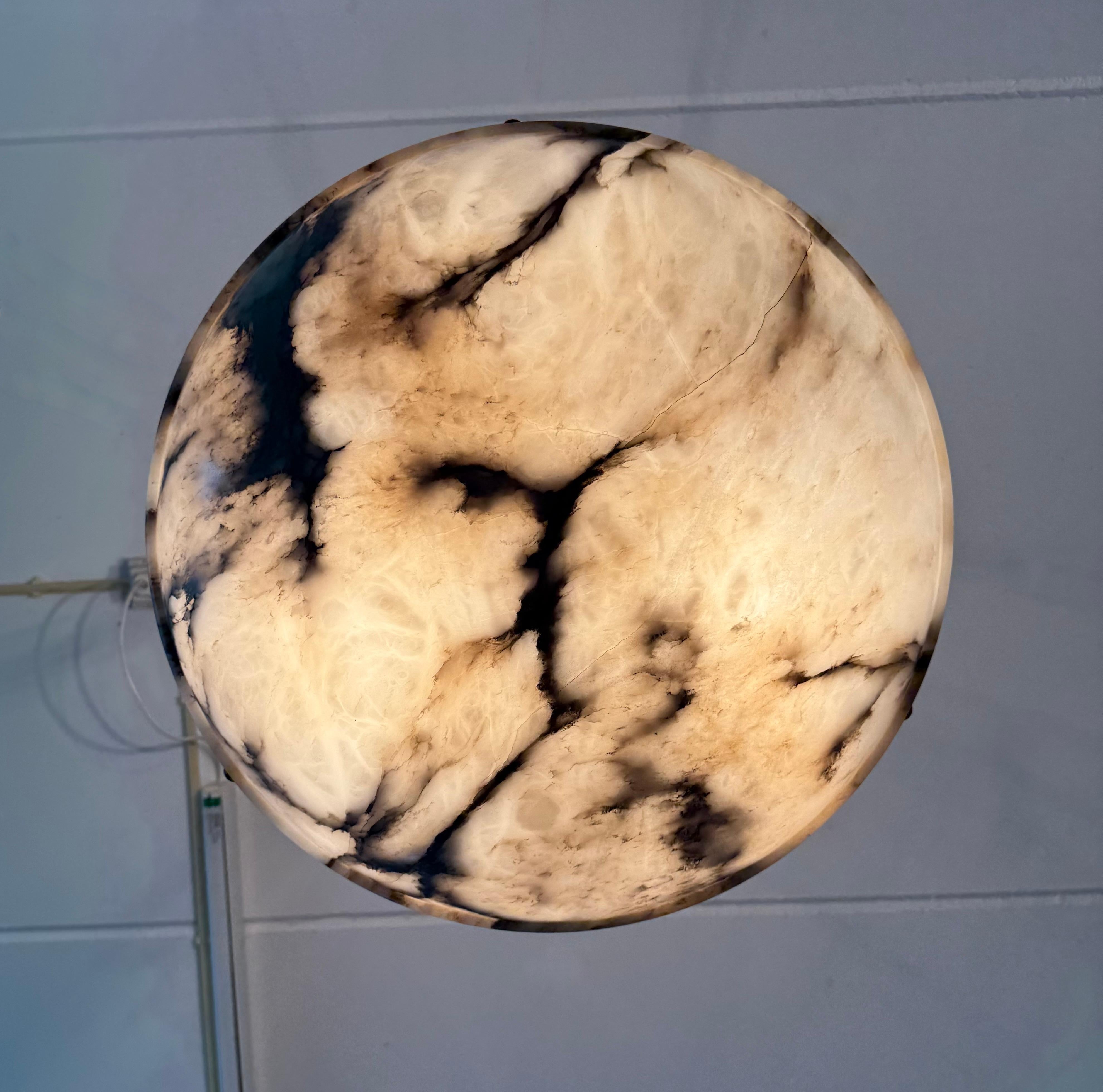Large Ø 19.8 Antique Art Deco Disc Shape White & Black Alabaster Suspension Light 11
