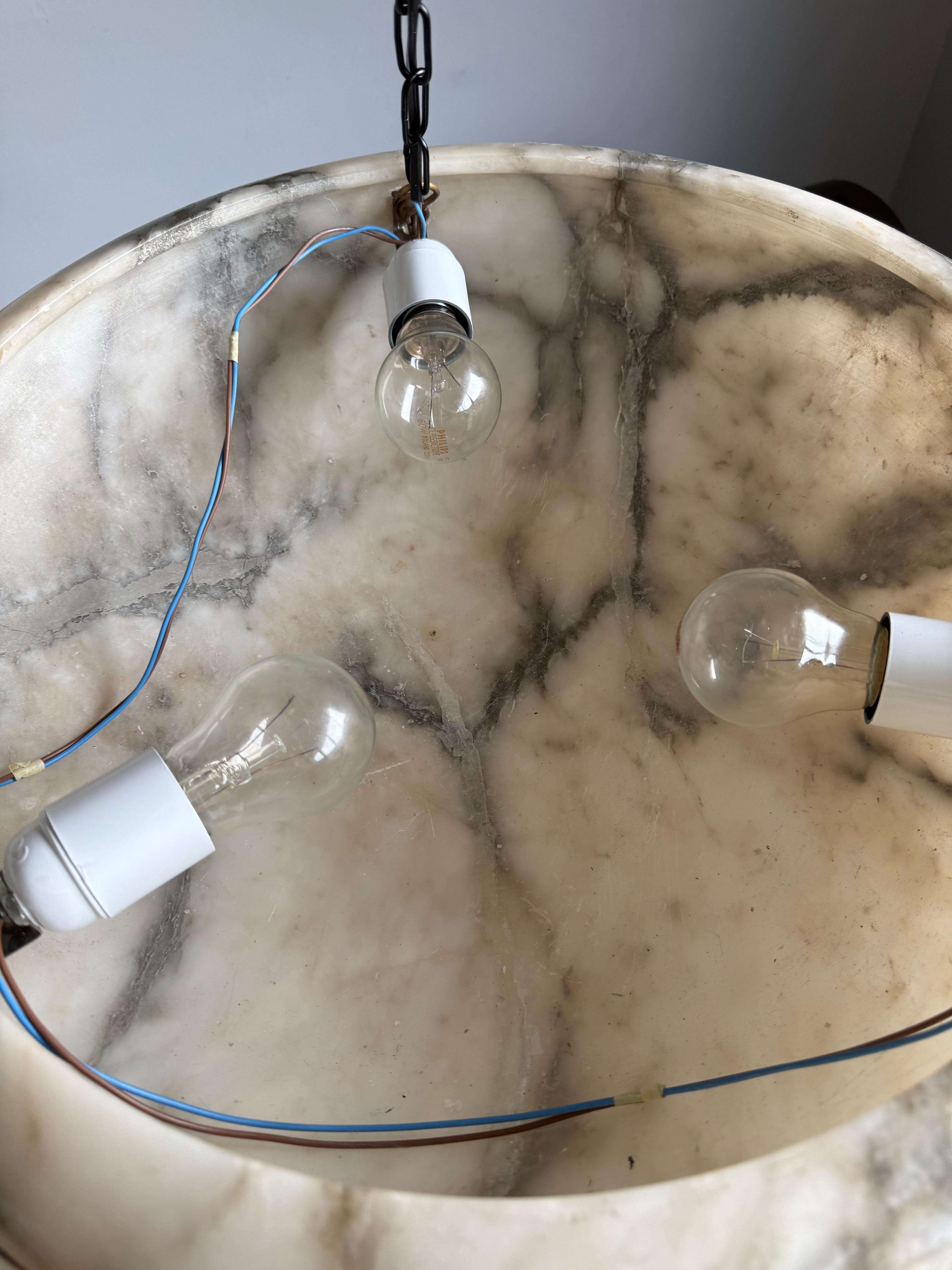 Large Ø 19.8 Antique Art Deco Disc Shape White & Black Alabaster Suspension Light 12