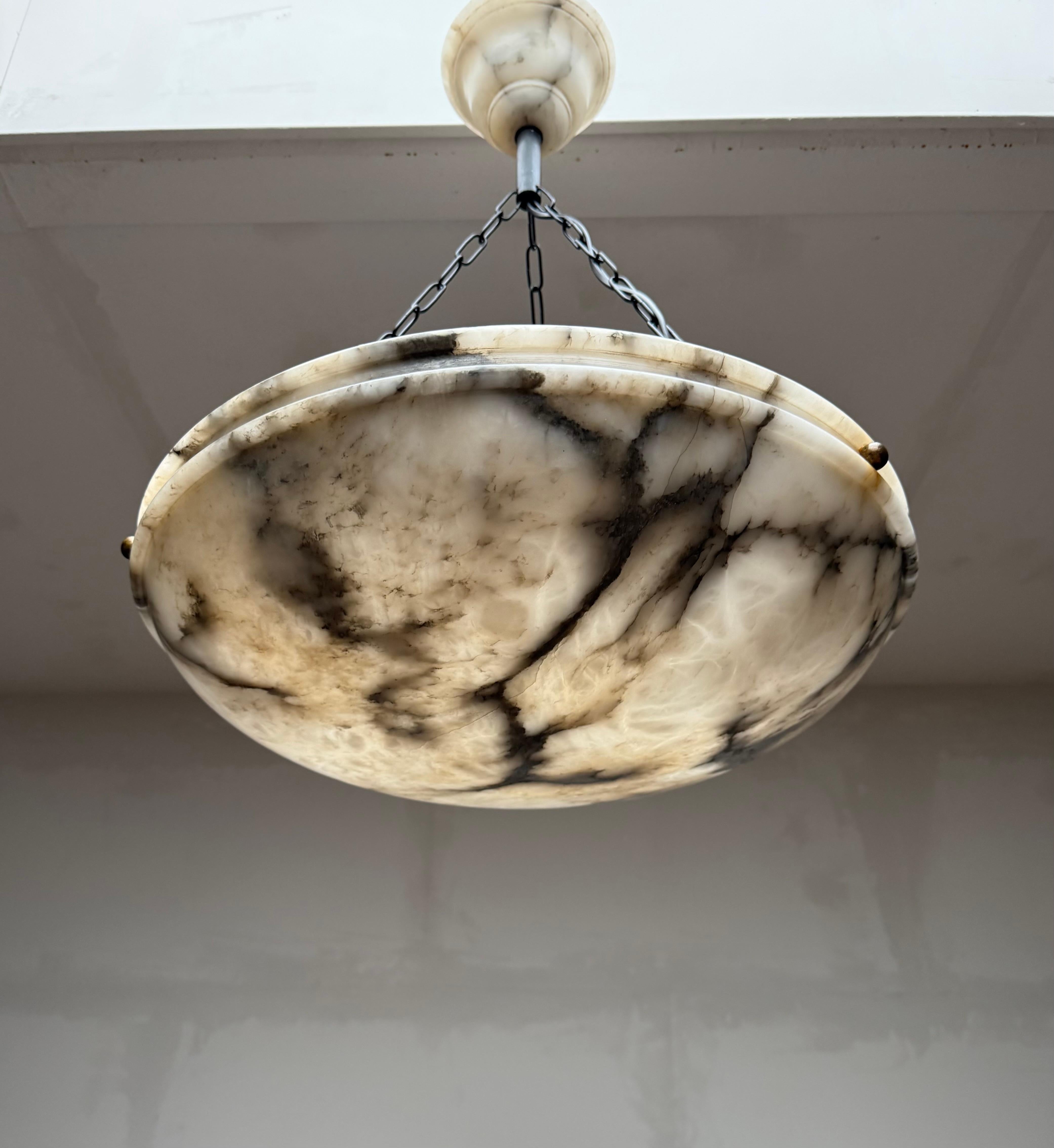 Art déco Large Ø 19.8 Antique Art Deco Disc Shape White & Black Alabaster Suspension Light