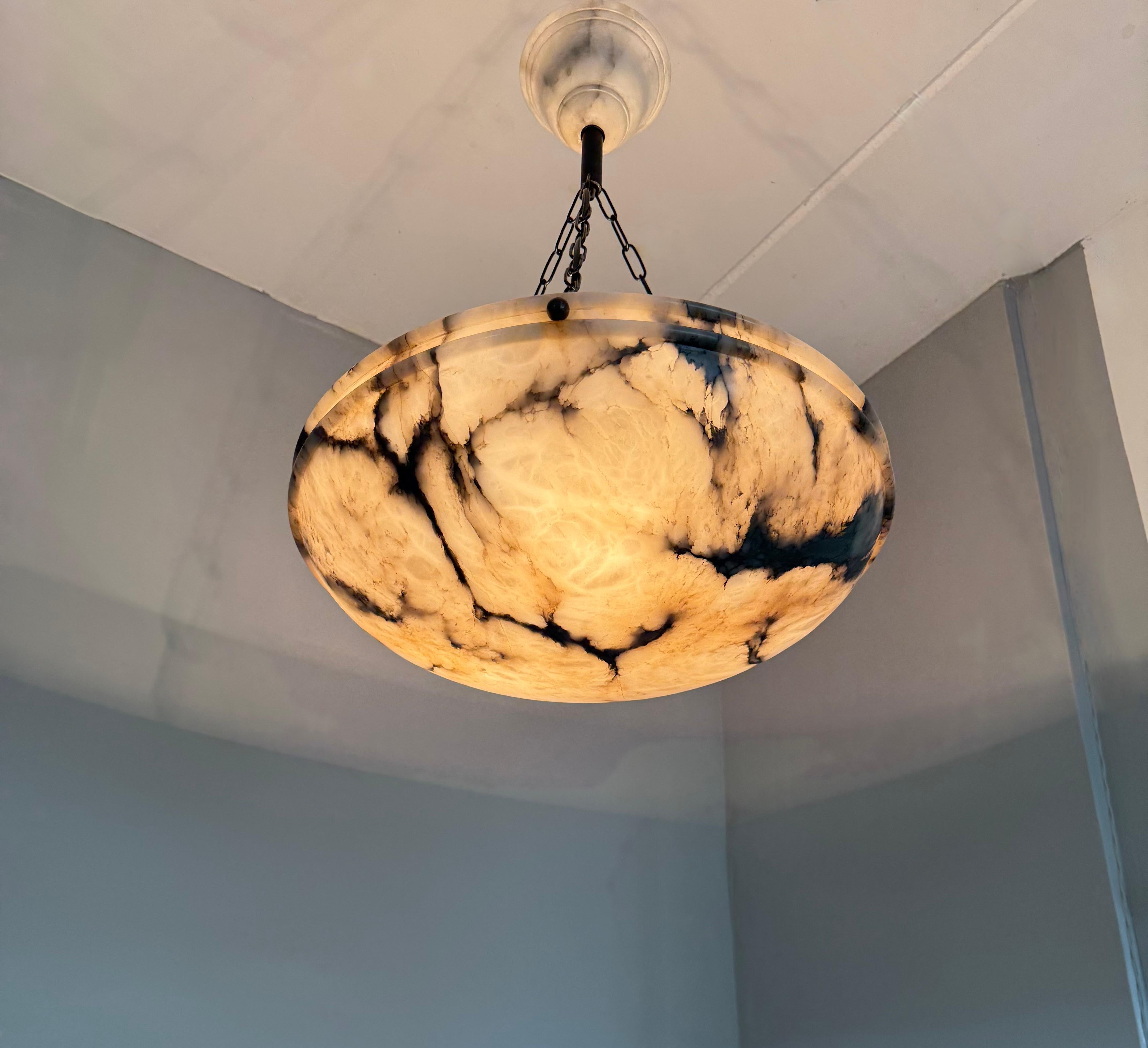 Suisse Large Ø 19.8 Antique Art Deco Disc Shape White & Black Alabaster Suspension Light