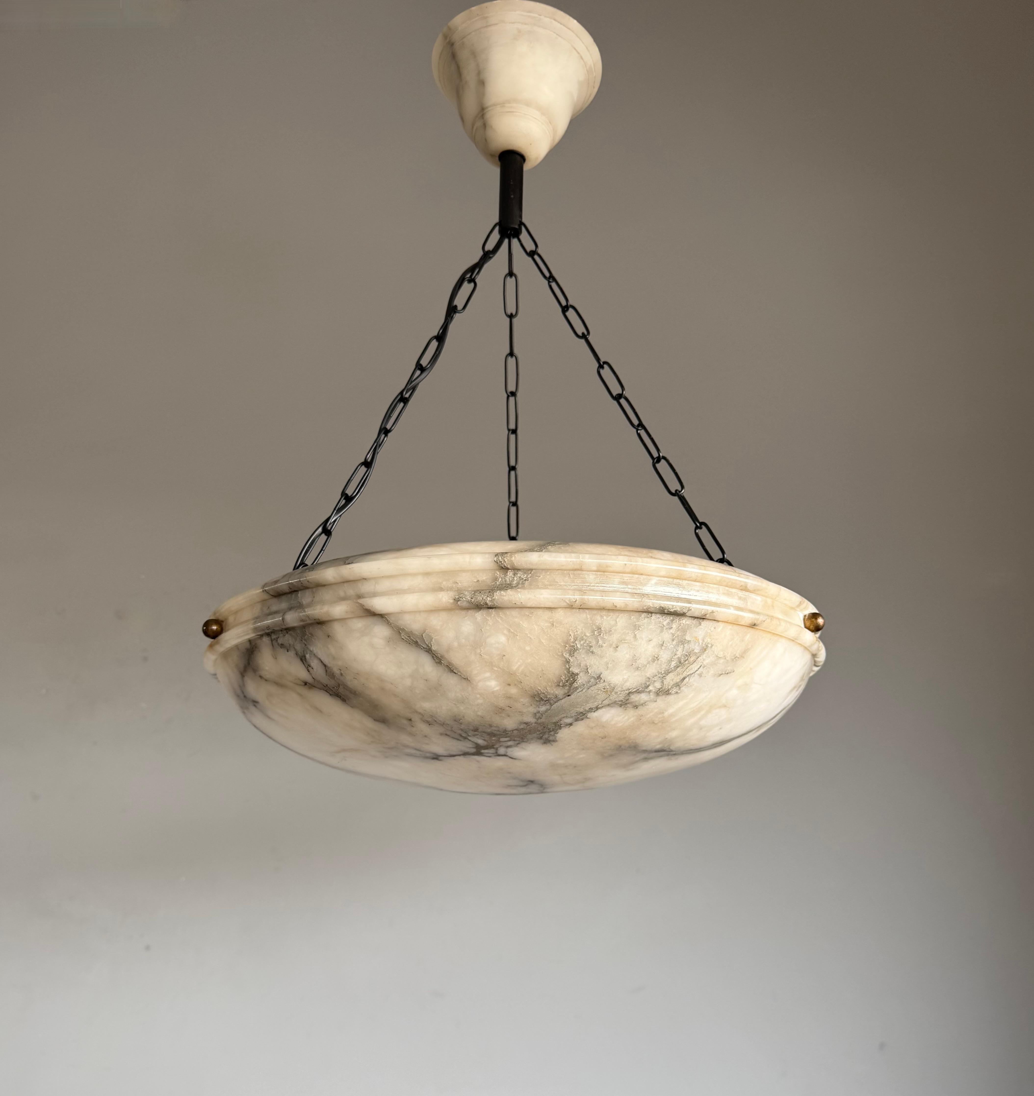 Fer Large Ø 19.8 Antique Art Deco Disc Shape White & Black Alabaster Suspension Light