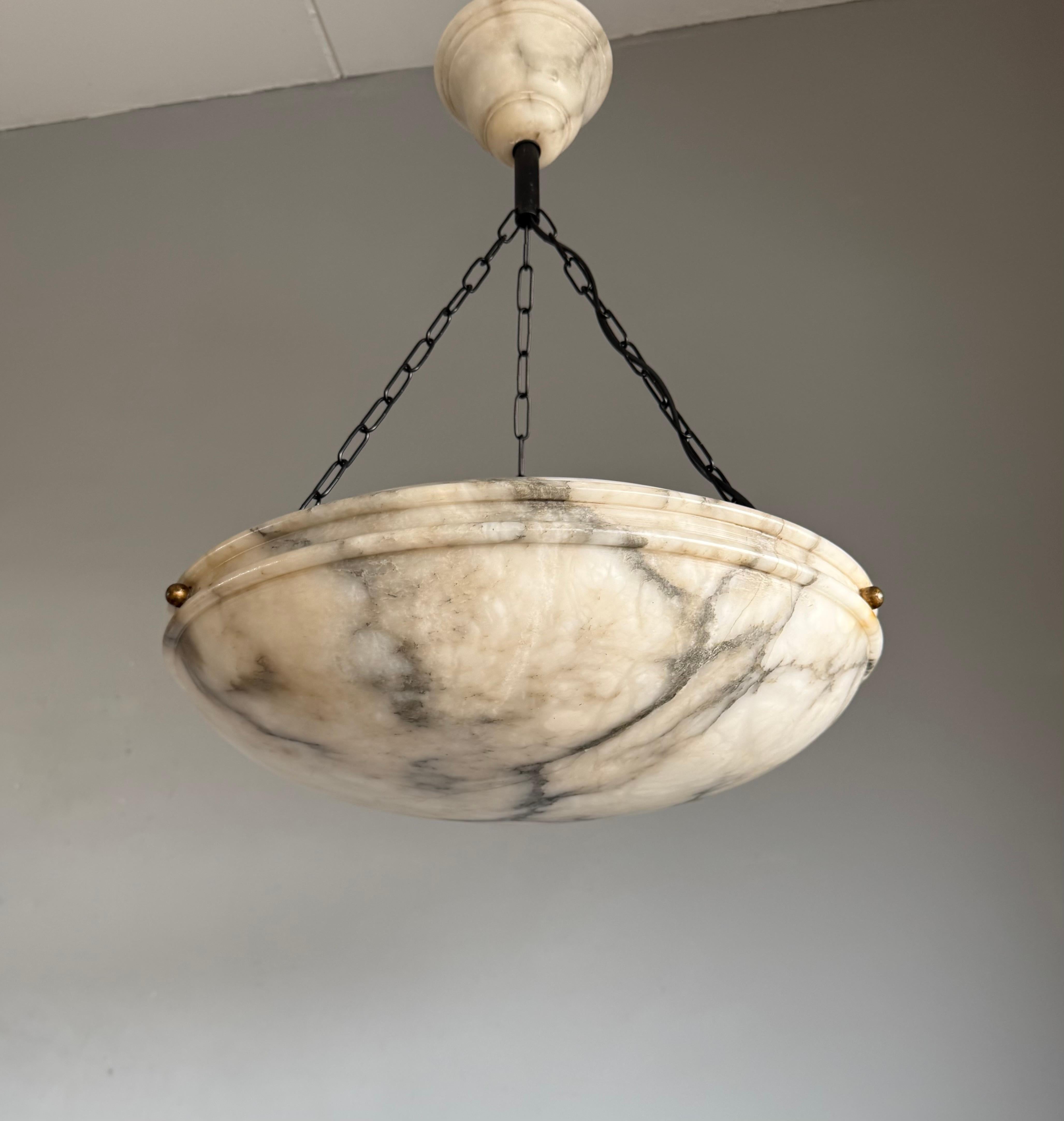 Large Ø 19.8 Antique Art Deco Disc Shape White & Black Alabaster Suspension Light 1