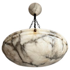 Large Ø 19.8 Antique Art Deco Disc Shape White & Black Alabaster Pendant Light