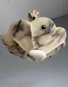 Large 19.8Ø Art Deco White & Black Alabaster Stylized Flower Shape Pendant Light