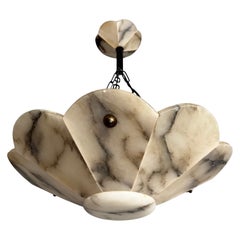 Large 19.8Ø Art Deco White & Black Alabaster Stylized Flower Shape Pendant Light