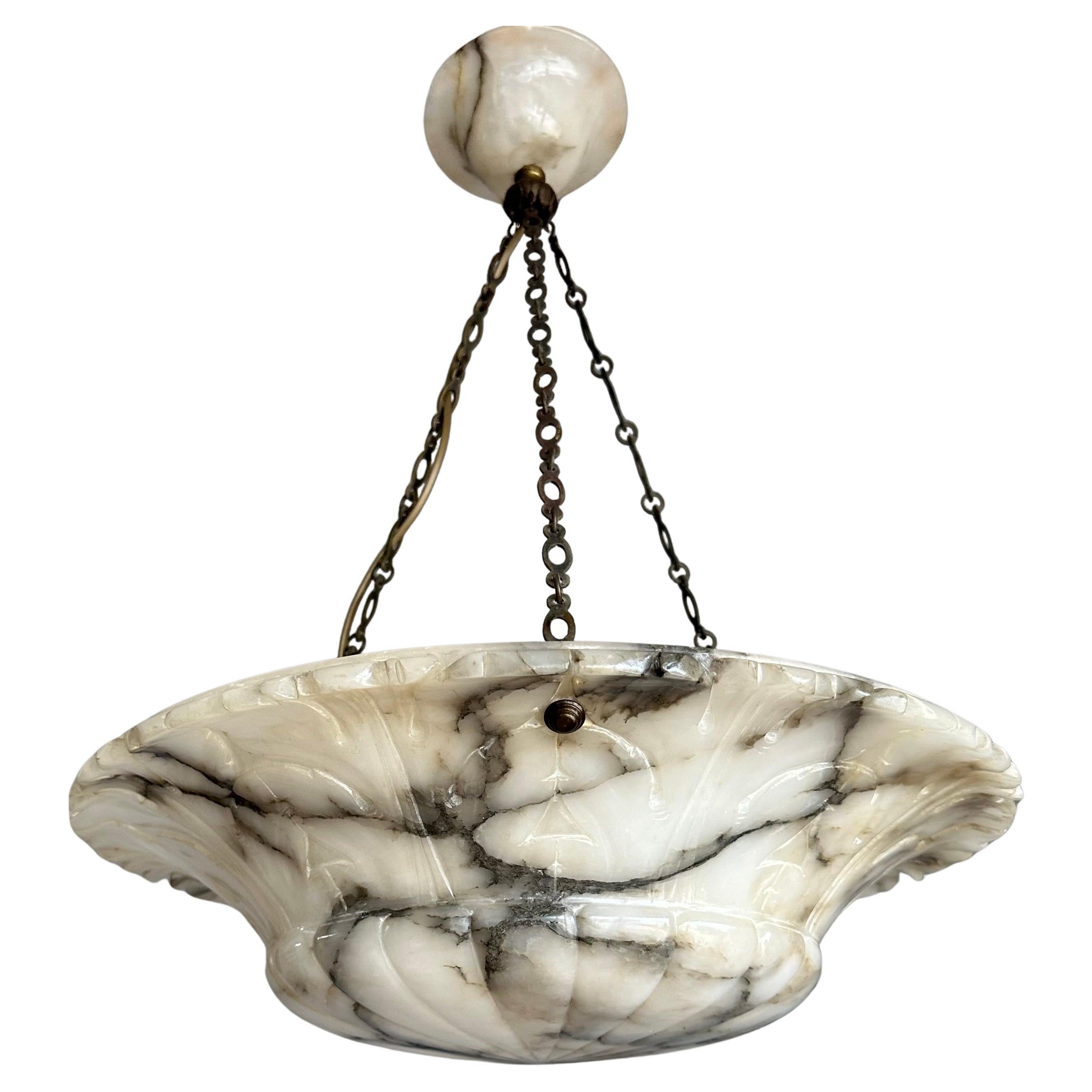 Large Ø19.8"  White & Black Hand Carved Alabaster Shade Pendant Light Chandelier