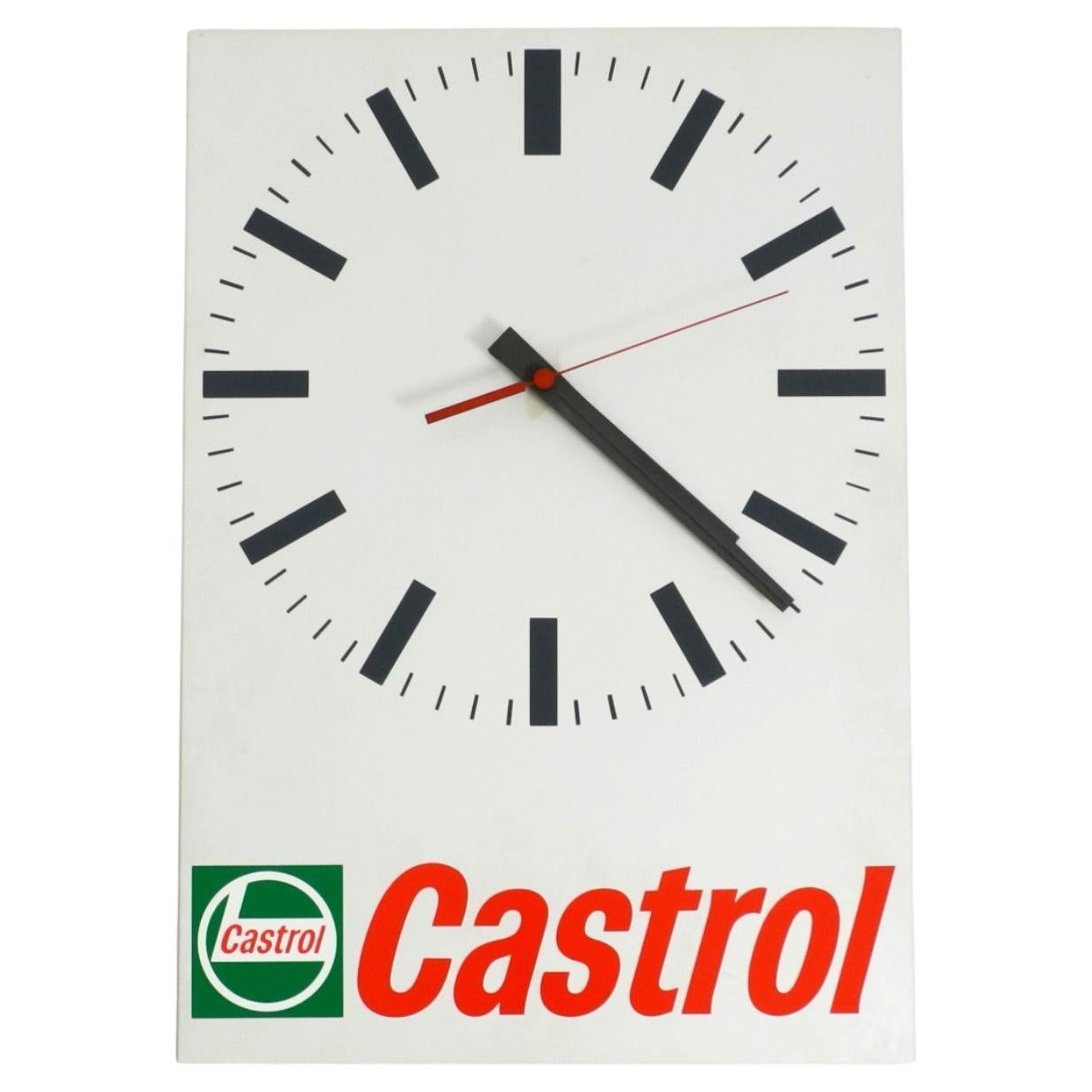 Gran reloj de taller publicitario Castrol de los años 80 con movimiento original a pilas en venta