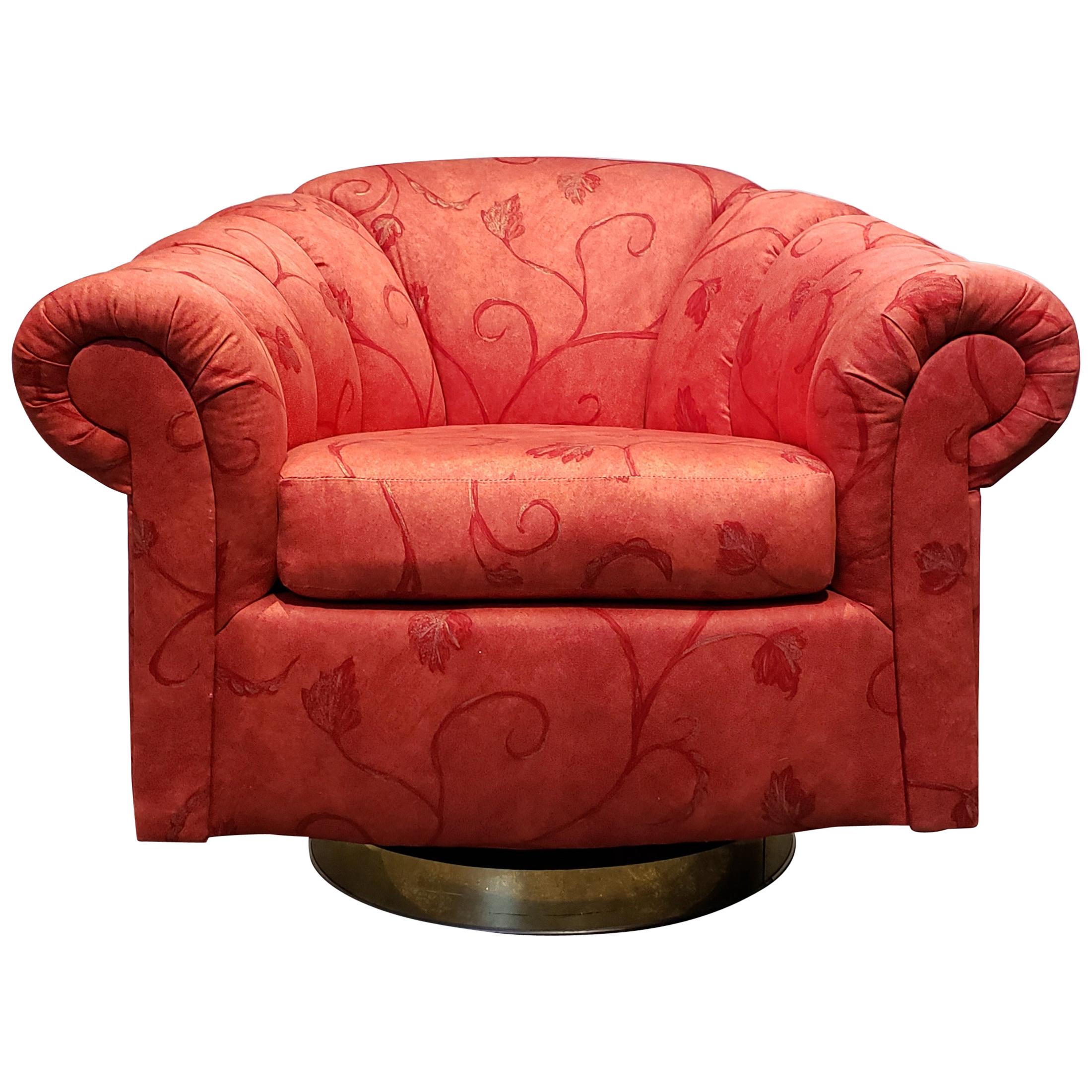 Large 1980s Channel Tufted Scalloped Swivel Club Chair For Sale