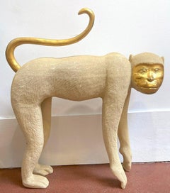 Large 1980s Crouching Monkey Sculpture, in White & Gold