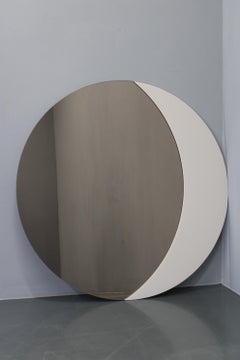 Large 1980s Italian Smoke-Tinted Round Mirror with White Geometric Segment
