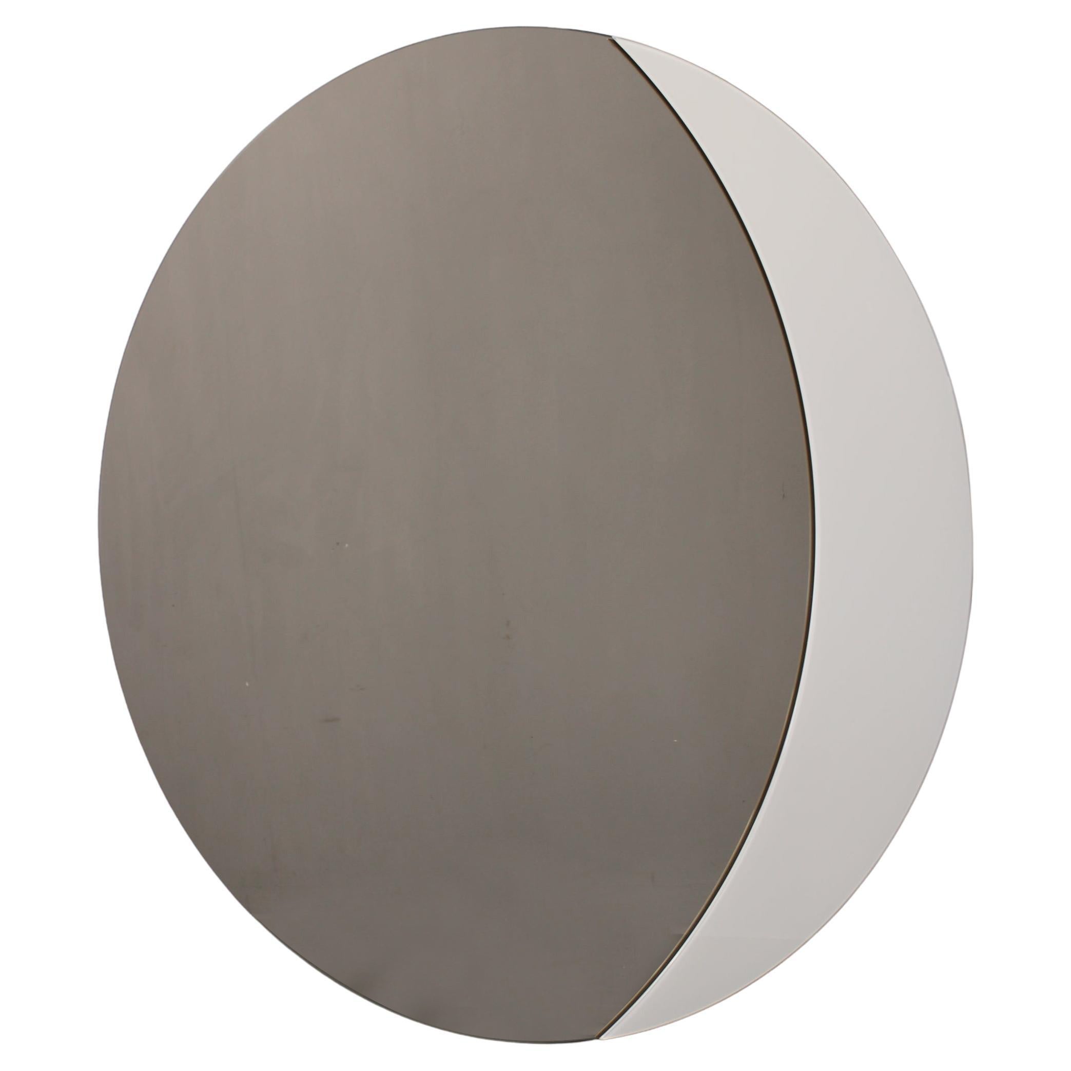 Large 1980s Italian Smoke-Tinted Round Mirror with White Geometric Segment For Sale