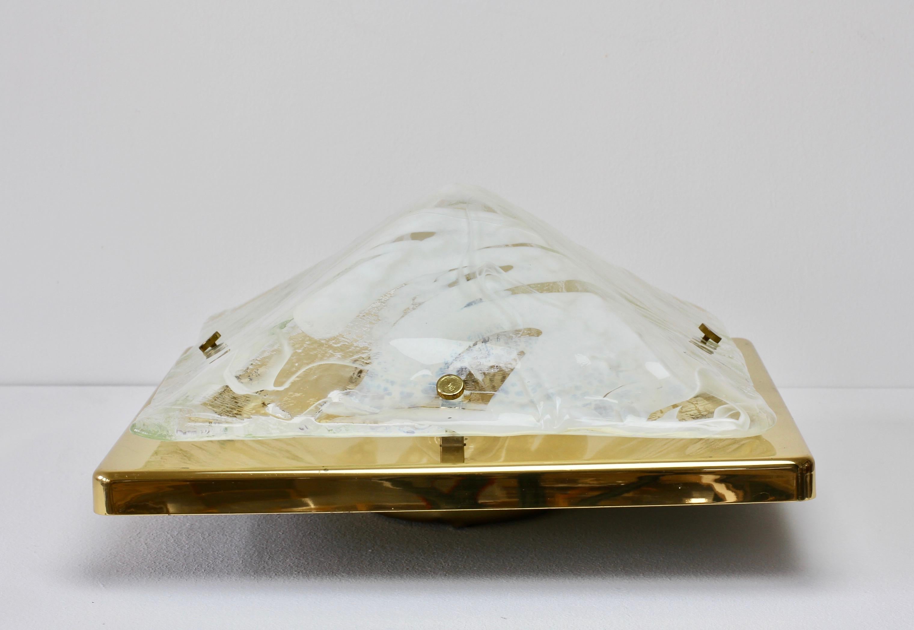 Large 1980s Kalmar Style Pyramid Murano Glass & Brass Flush Mount Light Fixture For Sale 1