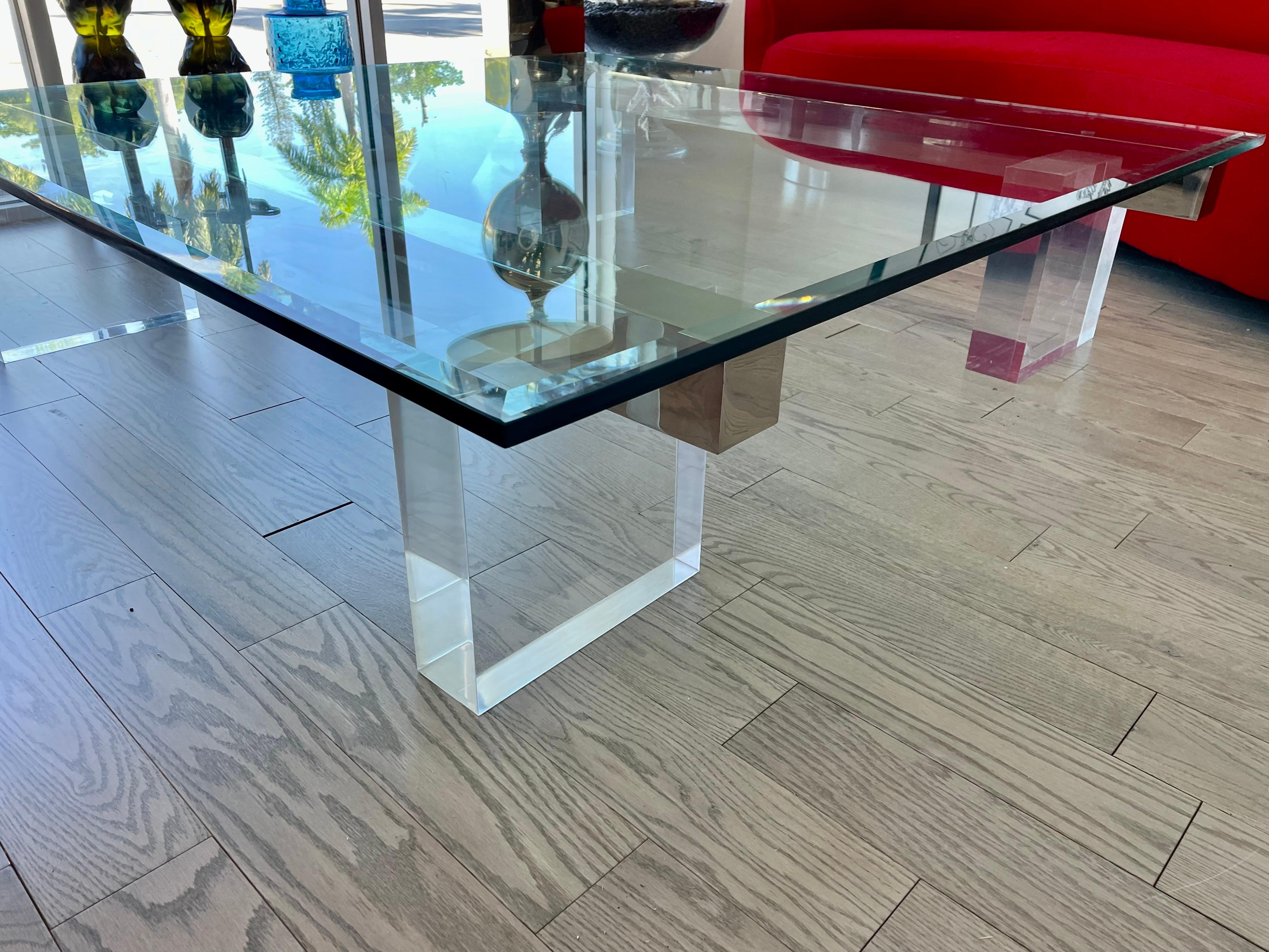 Late 20th Century Large 1980s Lucite and Steel Coffee Table For Sale