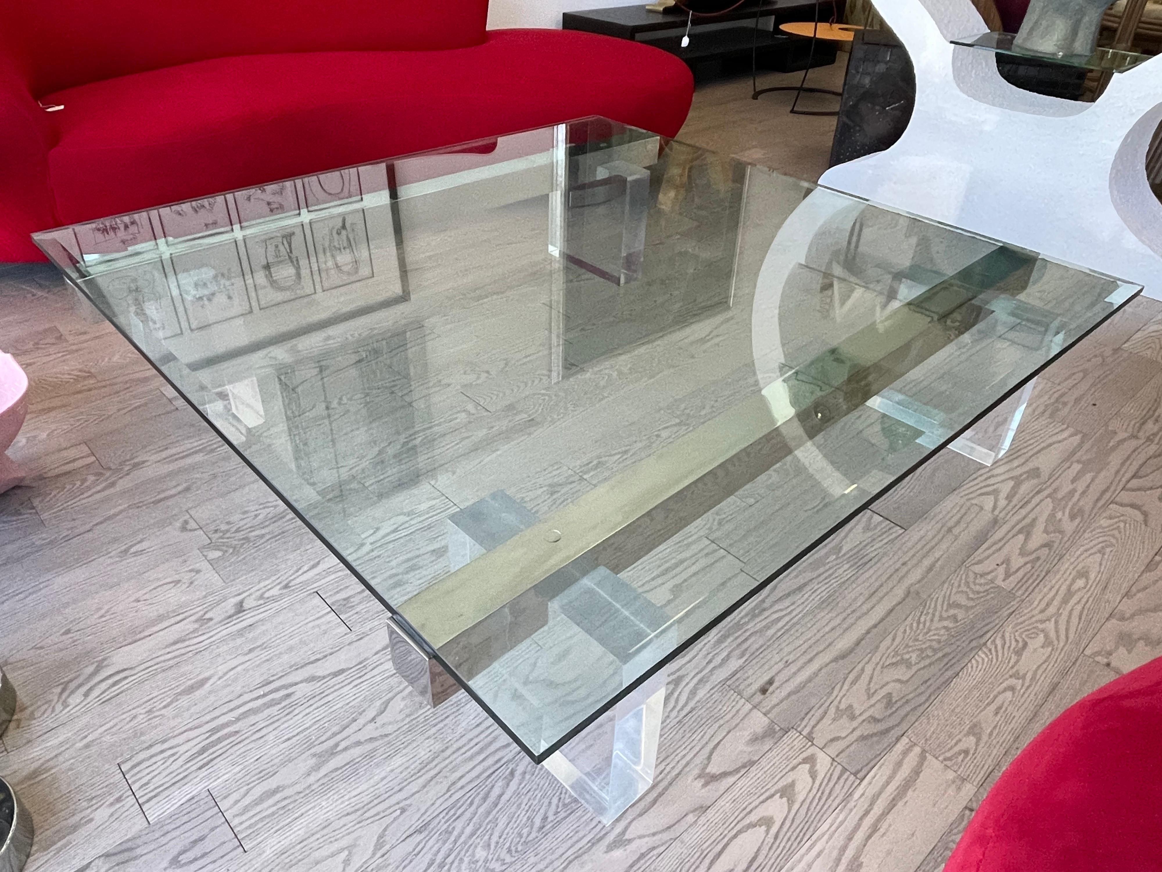 Large 1980s Lucite and Steel Coffee Table For Sale 2