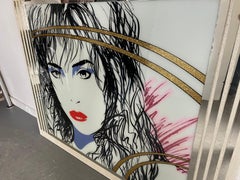 Large 1980s Pop Art, Reverse Painted Mirror, Signed Laurel, after Patrick Nagel