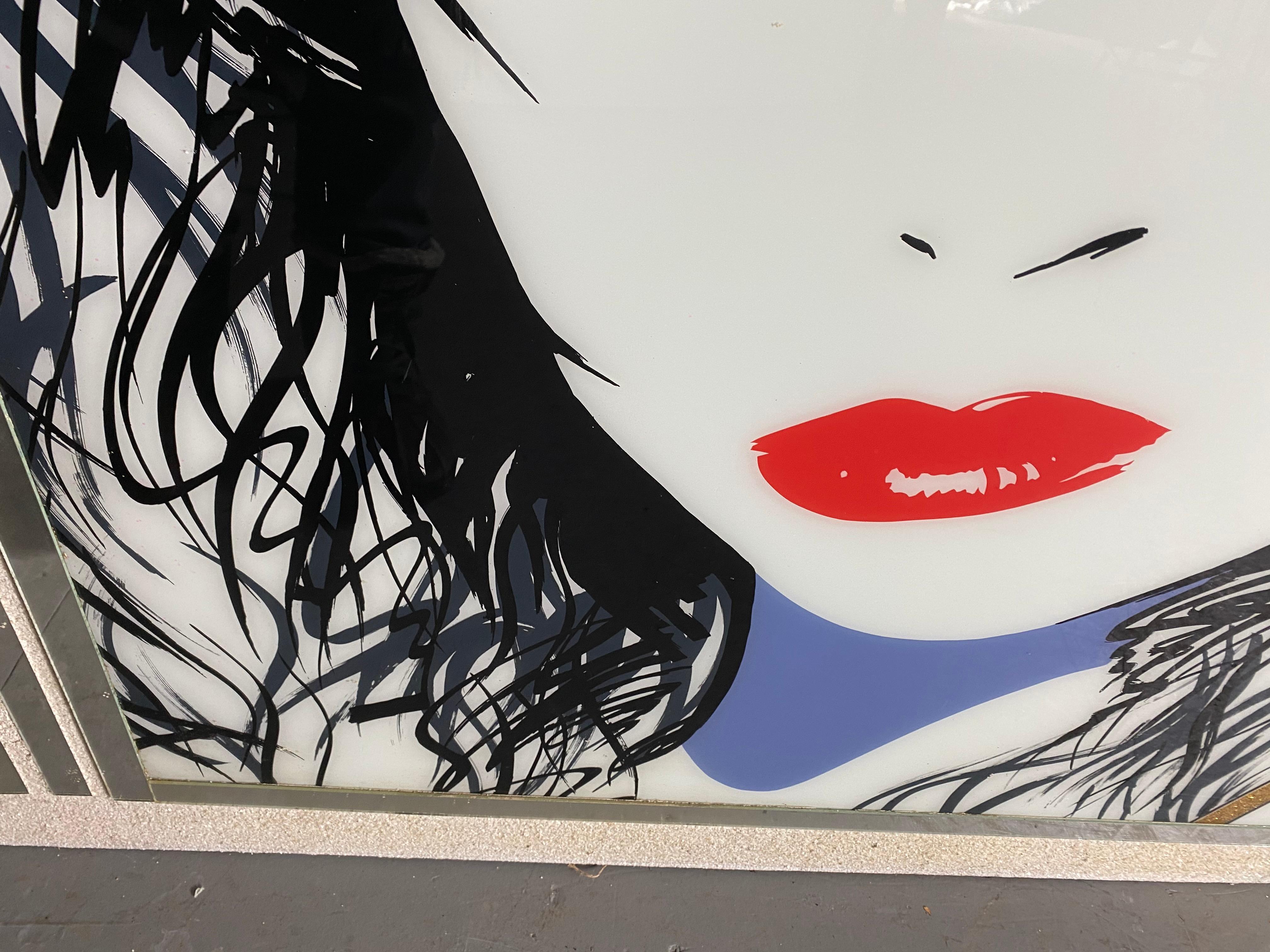 Modern Large 1980s Pop Art, Reverse Painted Mirror, Signed Laurel, after Patrick Nagel