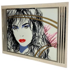 Grand miroir peint à l'envers:: Pop Art des années 1980:: signé Laurel:: d'après Patrick Nagel