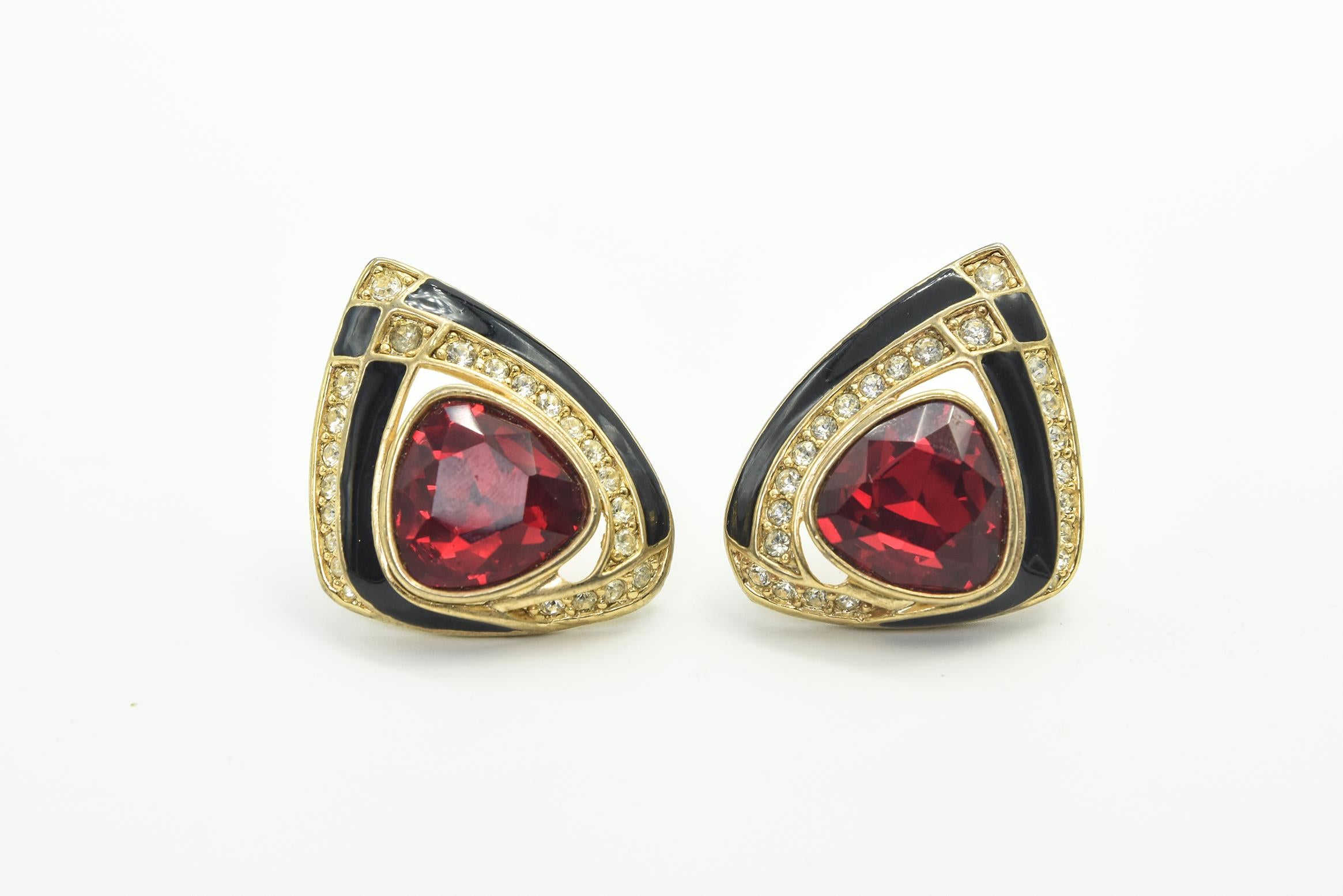 Women's or Men's Large 1980s Red Rhinestone Black Enamel Gold Tone Clip On Earrings Signed Craft For Sale