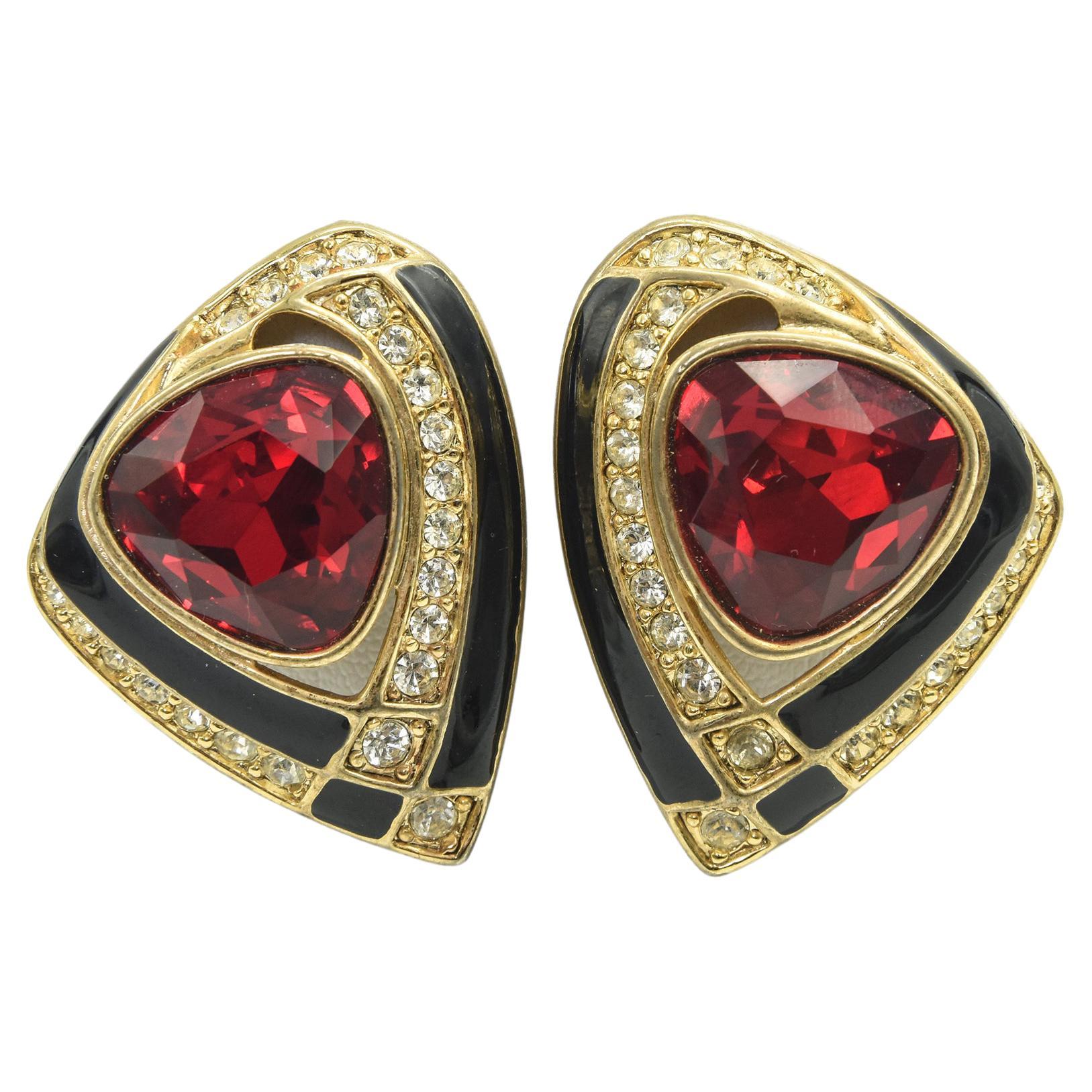 Large 1980s Red Rhinestone Black Enamel Gold Tone Clip On Earrings Signed Craft For Sale