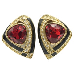 Large 1980s Red Rhinestone Black Enamel Gold Tone Clip On Earrings Signed Craft