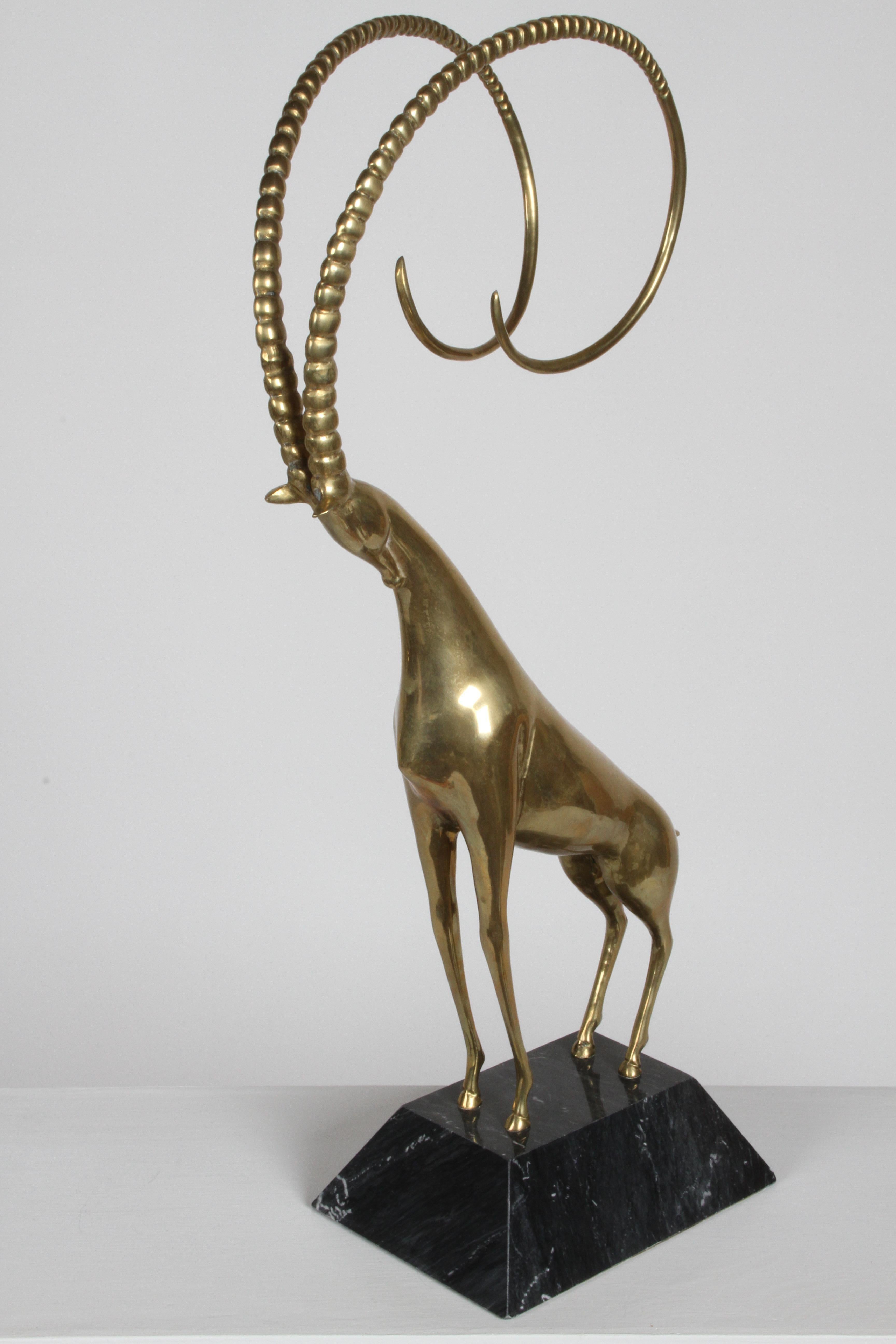 Late 20th Century Large 1980s Stylized Dolbi Cashier Brass Ibex Sculpture on Black Marble Base