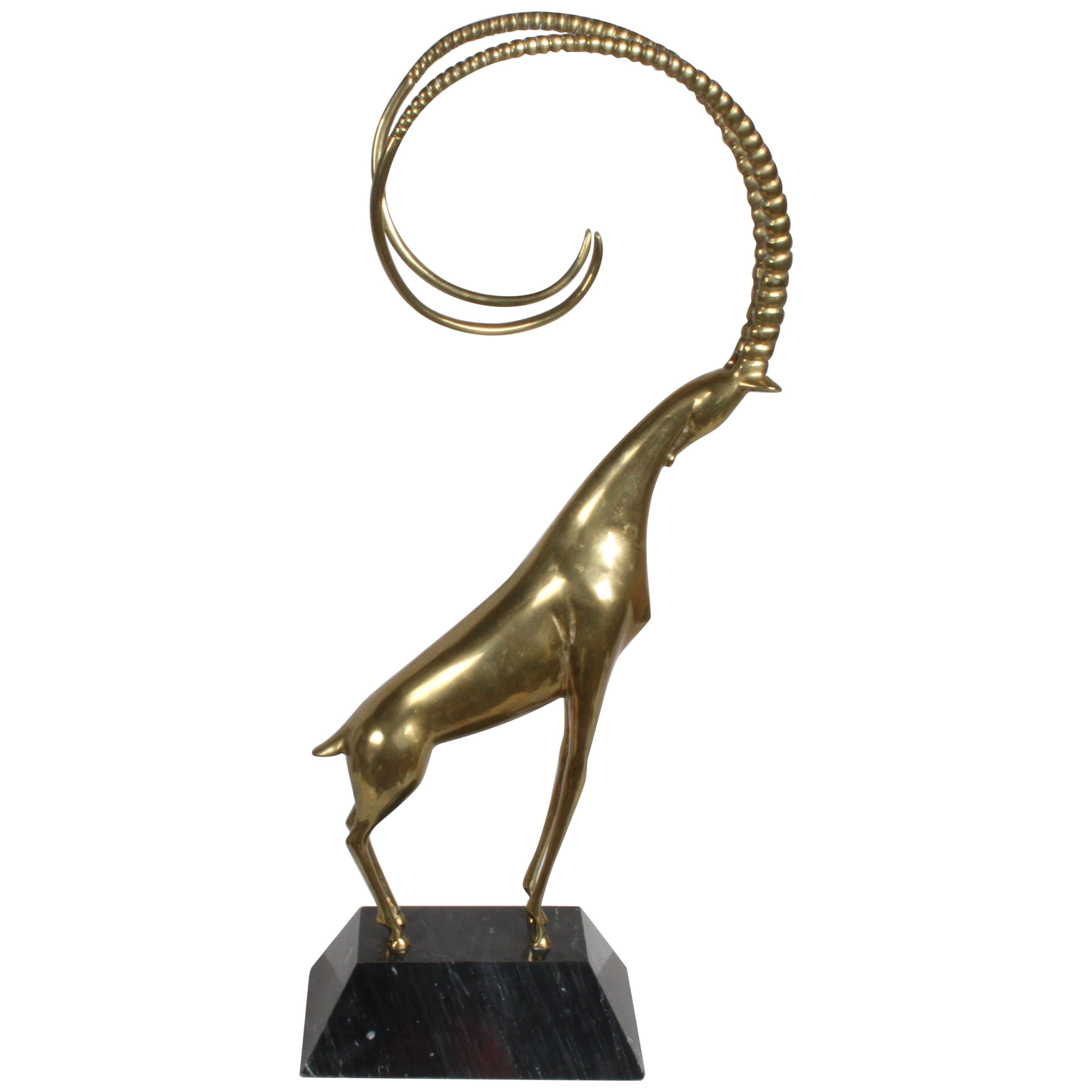 Large 1980s Stylized Dolbi Cashier Brass Ibex Sculpture on Black Marble Base