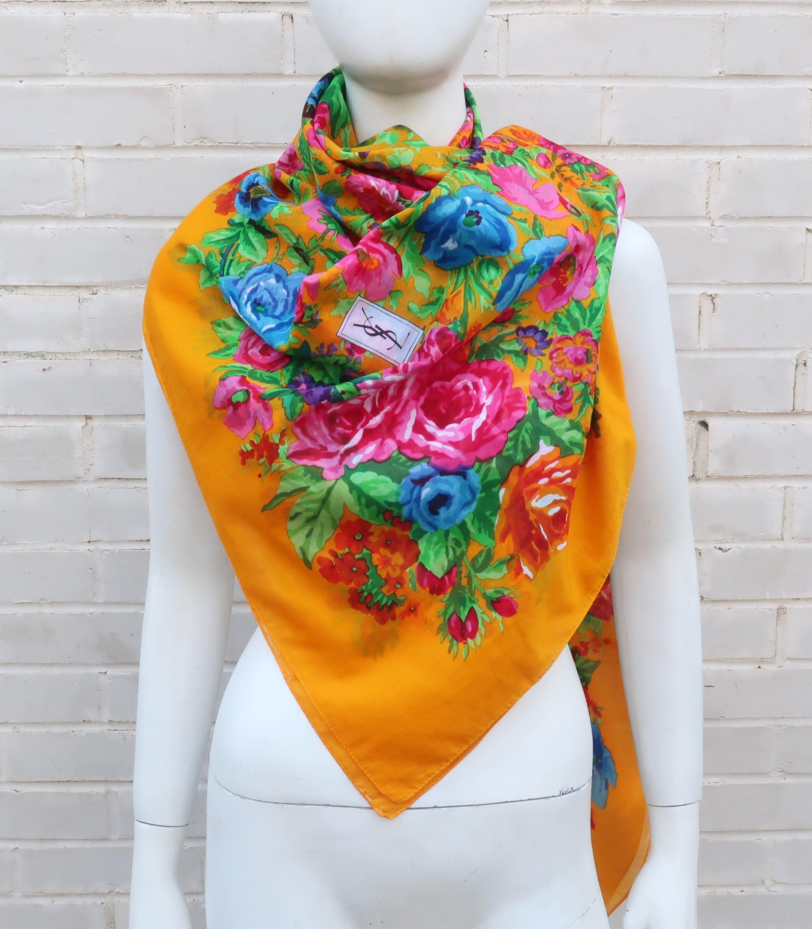 Large 1980's Yves Saint Laurent Cotton Floral Shawl Scarf In Good Condition In Atlanta, GA