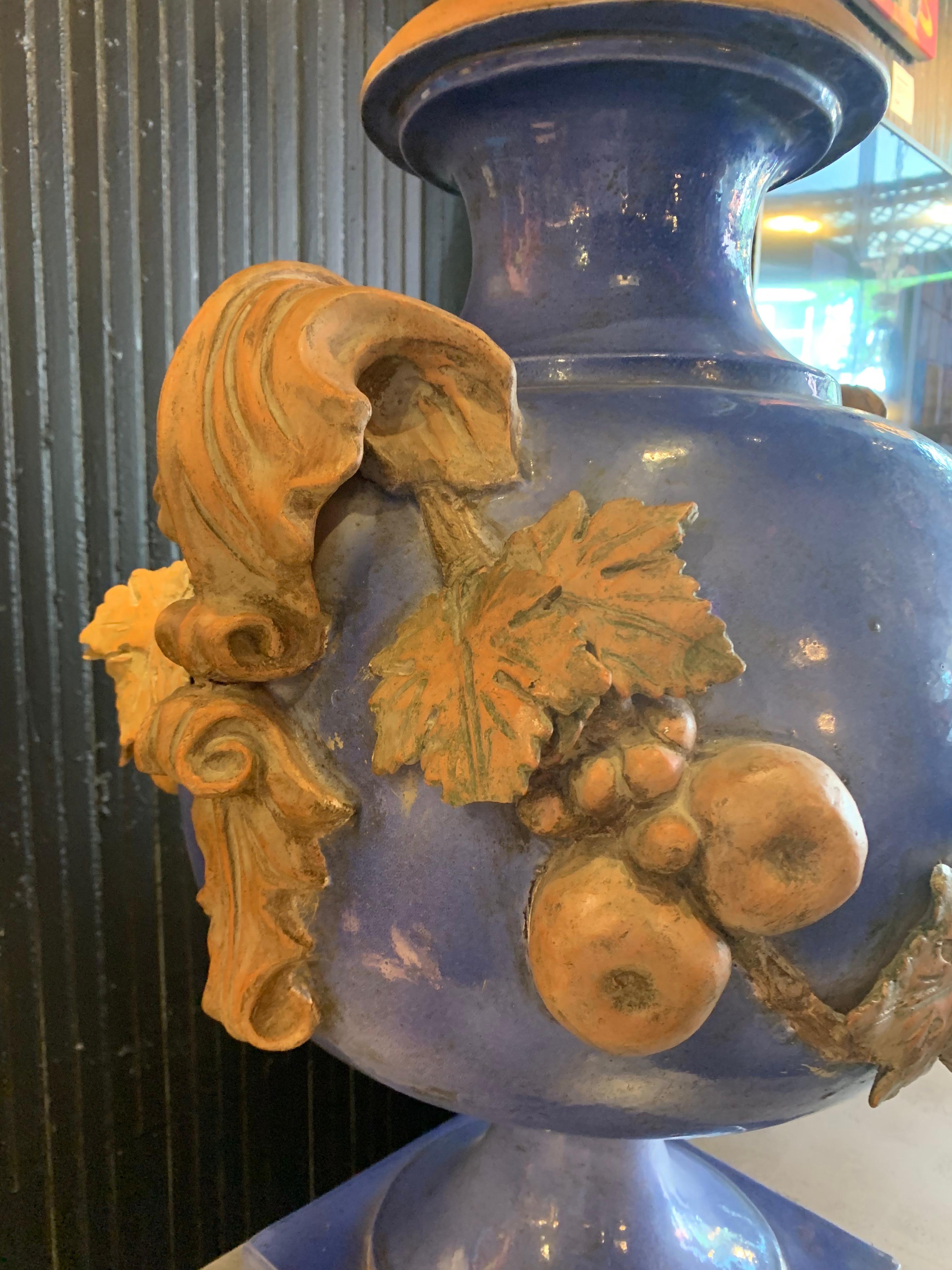 Large 1990s Blue Glaze Ceccarelli Italian Lidded Urns with Applied Fruit, a Pair In Excellent Condition For Sale In Hudson, NY
