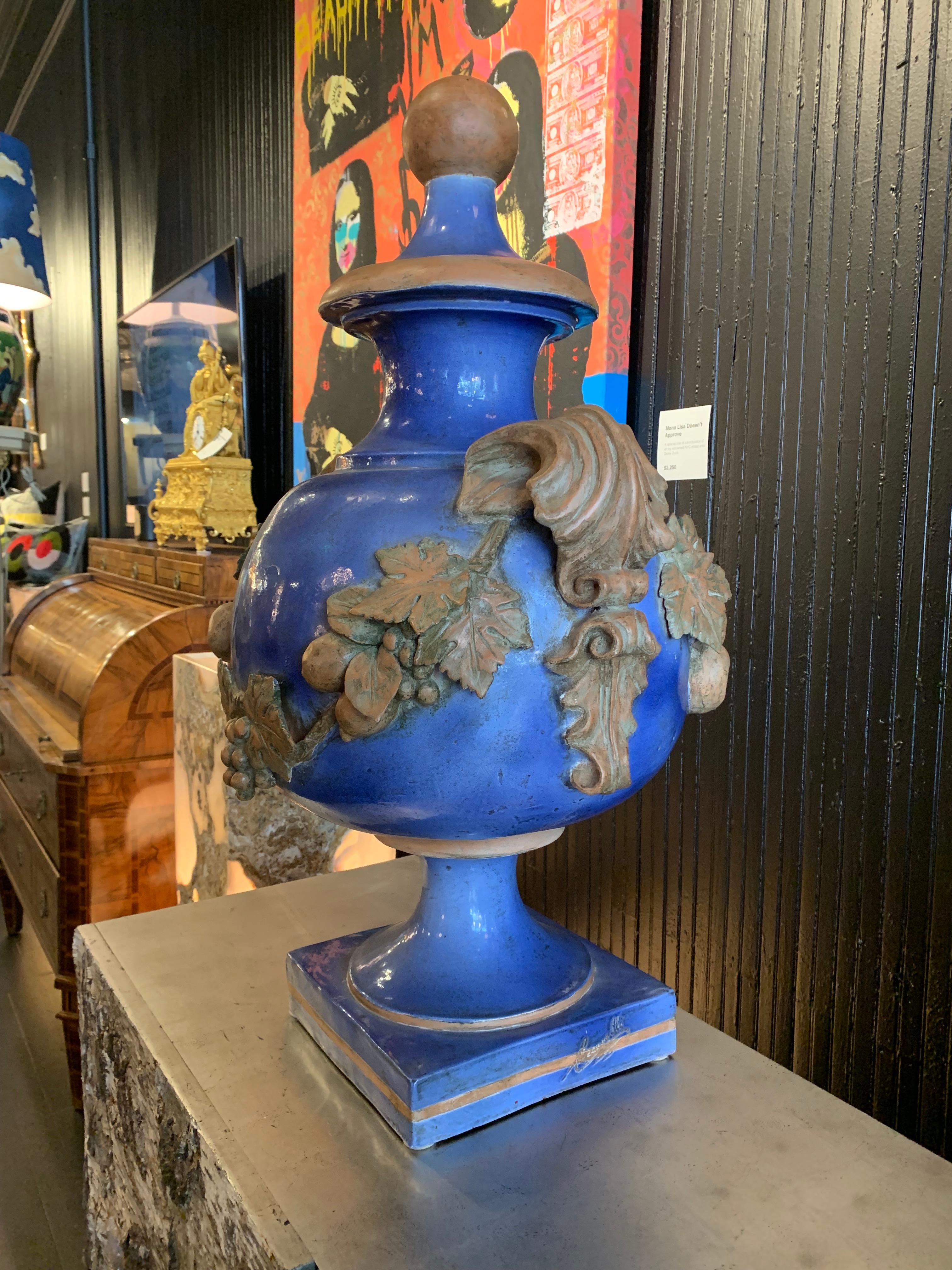 Late 20th Century Large 1990s Blue Glaze Ceccarelli Italian Lidded Urns with Applied Fruit, a Pair For Sale