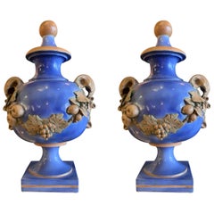 Large 1990s Blue Glaze Ceccarelli Italian Lidded Urns with Applied Fruit, a Pair