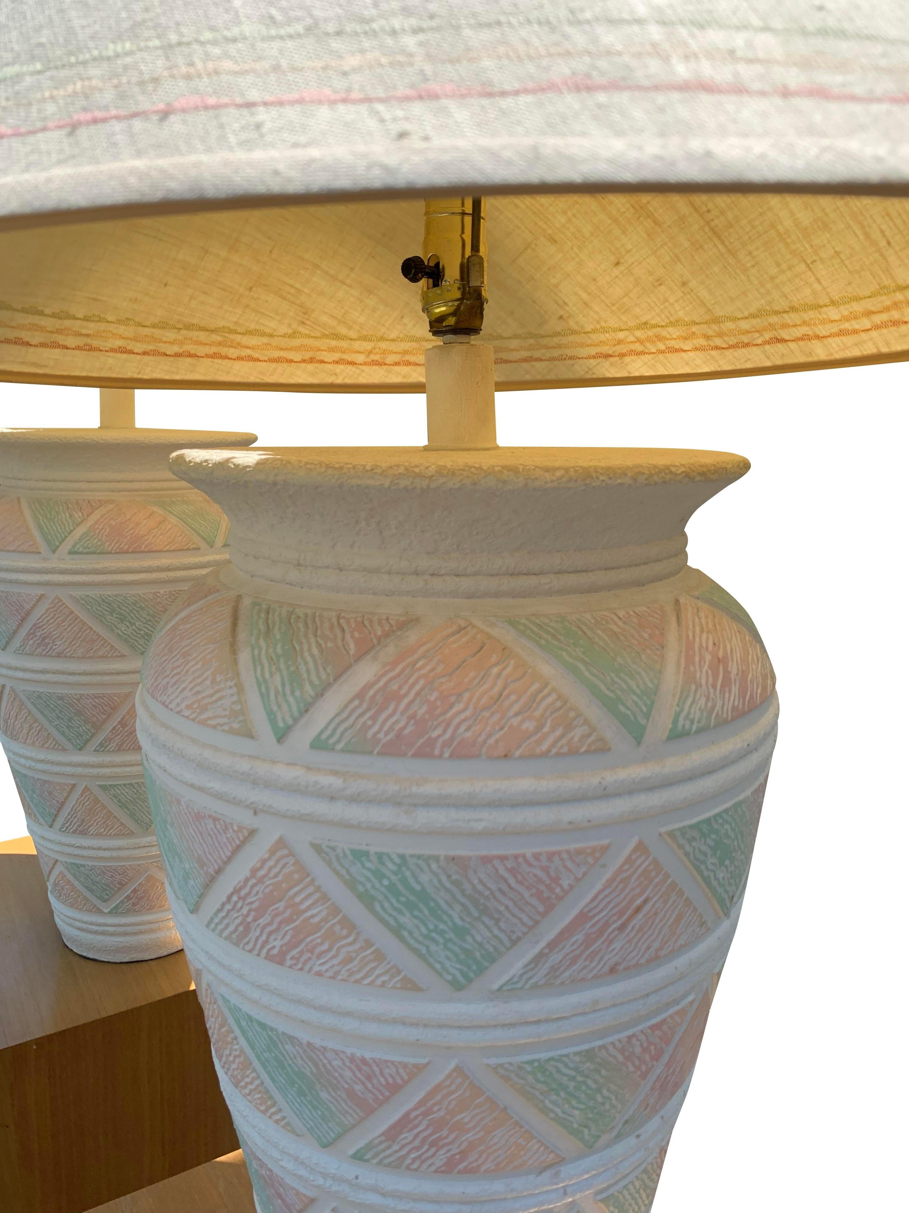 Large 1990s Southwest Deco Modern Style Table Lamps in Pink Green Pastels a Pair 4