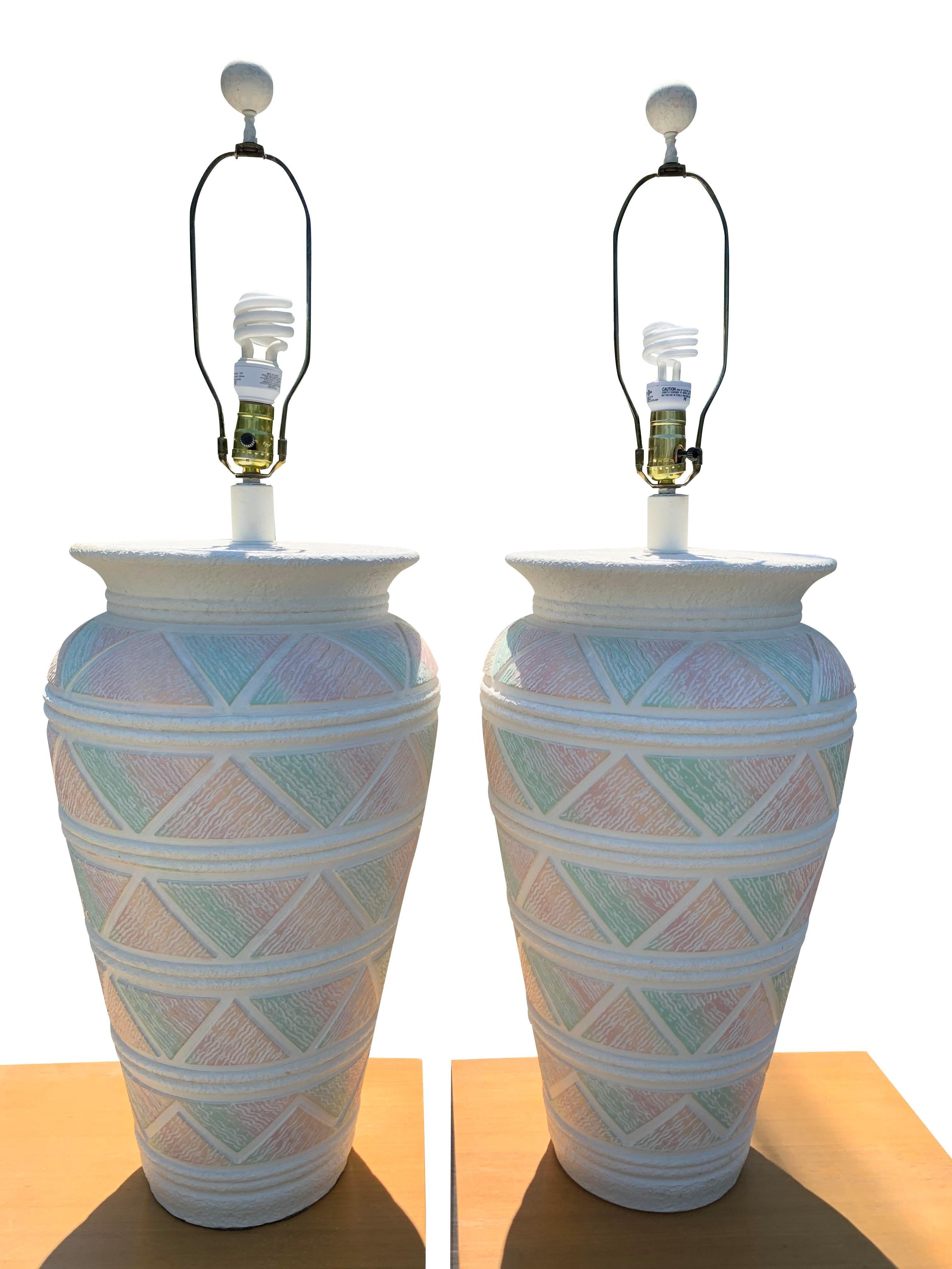 Large 1990s Southwest Deco Modern Style Table Lamps in Pink Green Pastels a Pair In Good Condition In Saddle River, NJ