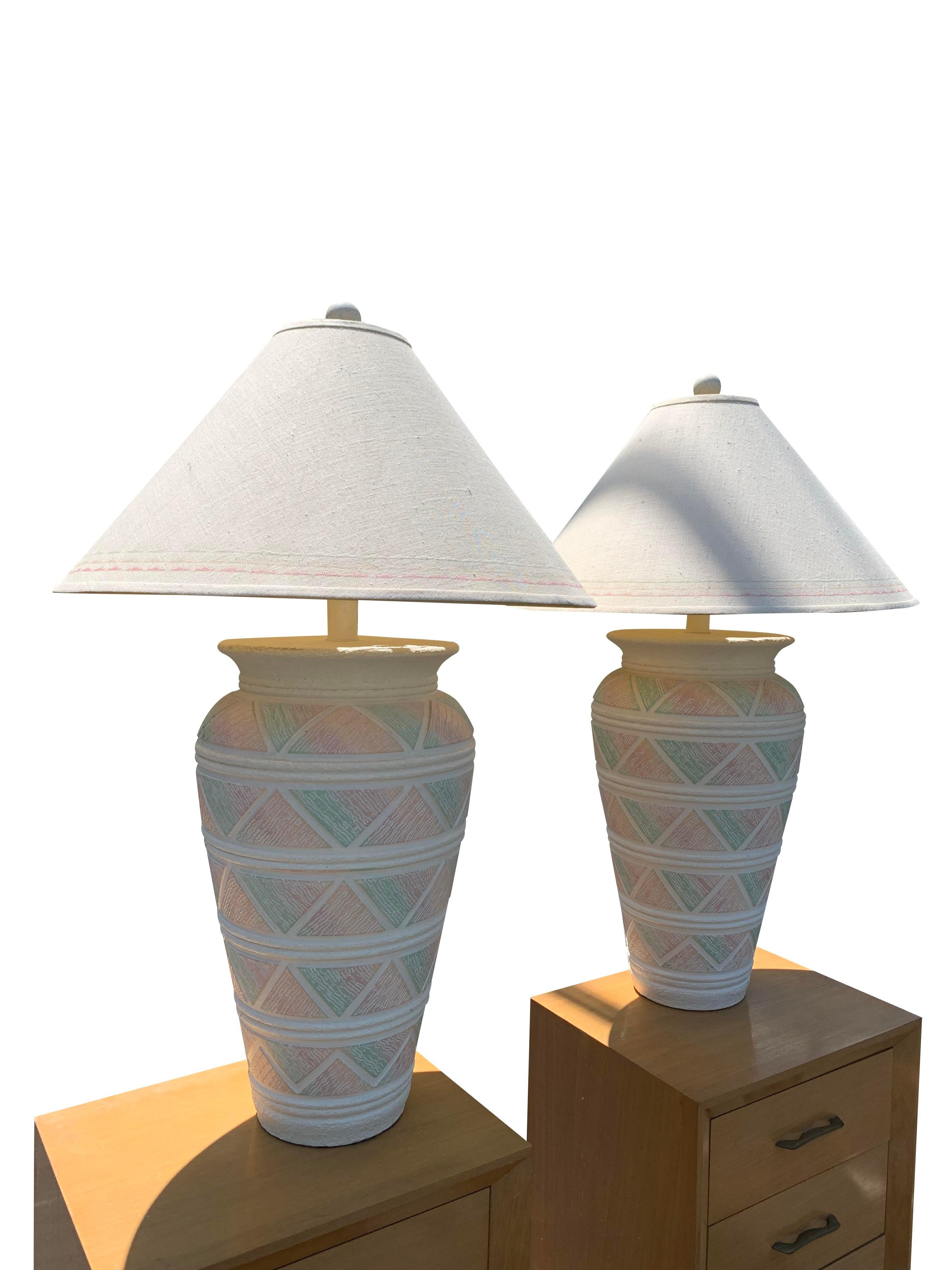 Late 20th Century Large 1990s Southwest Deco Modern Style Table Lamps in Pink Green Pastels a Pair