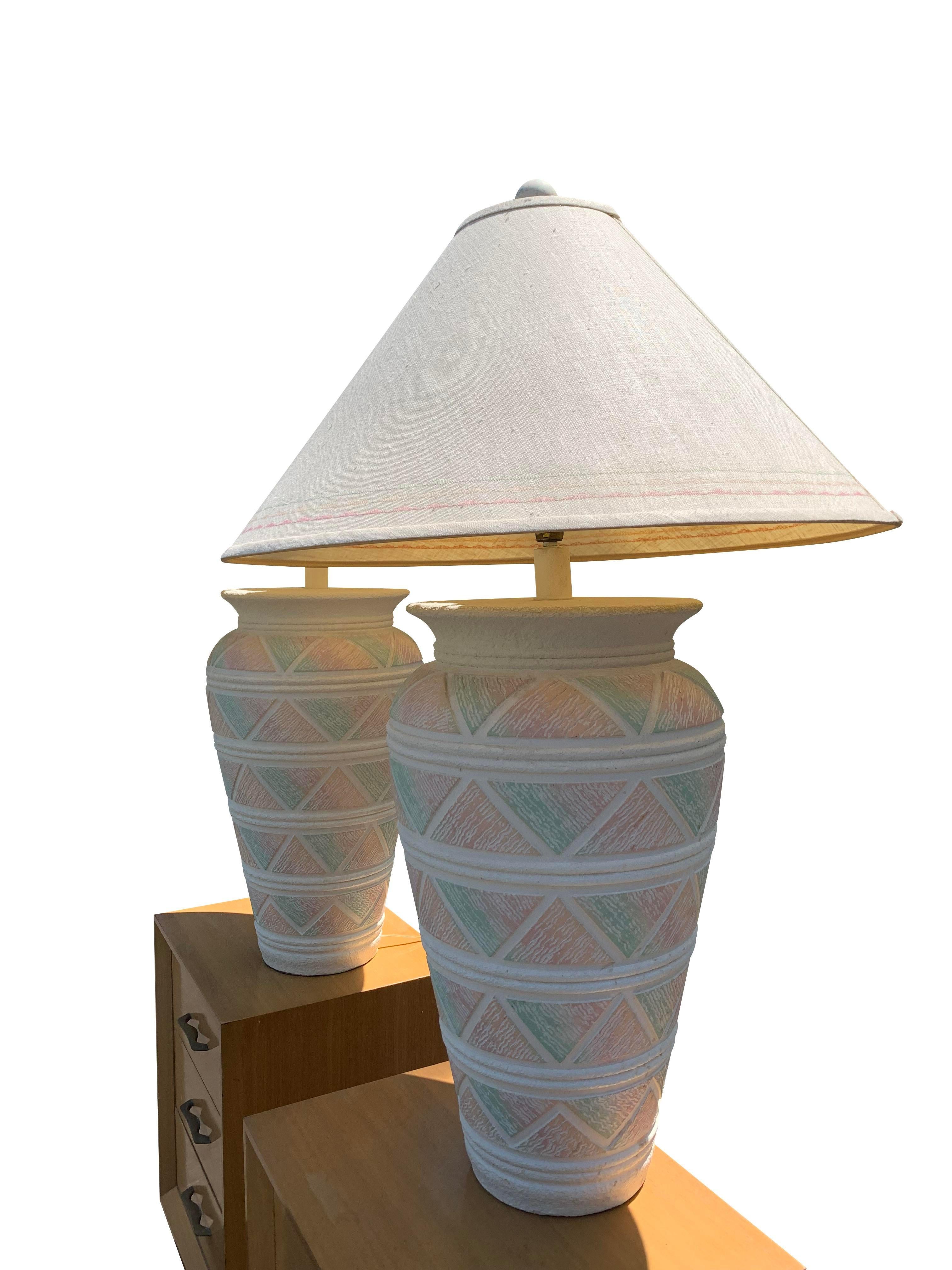 Large 1990s Southwest Deco Modern Style Table Lamps in Pink Green Pastels a Pair 1
