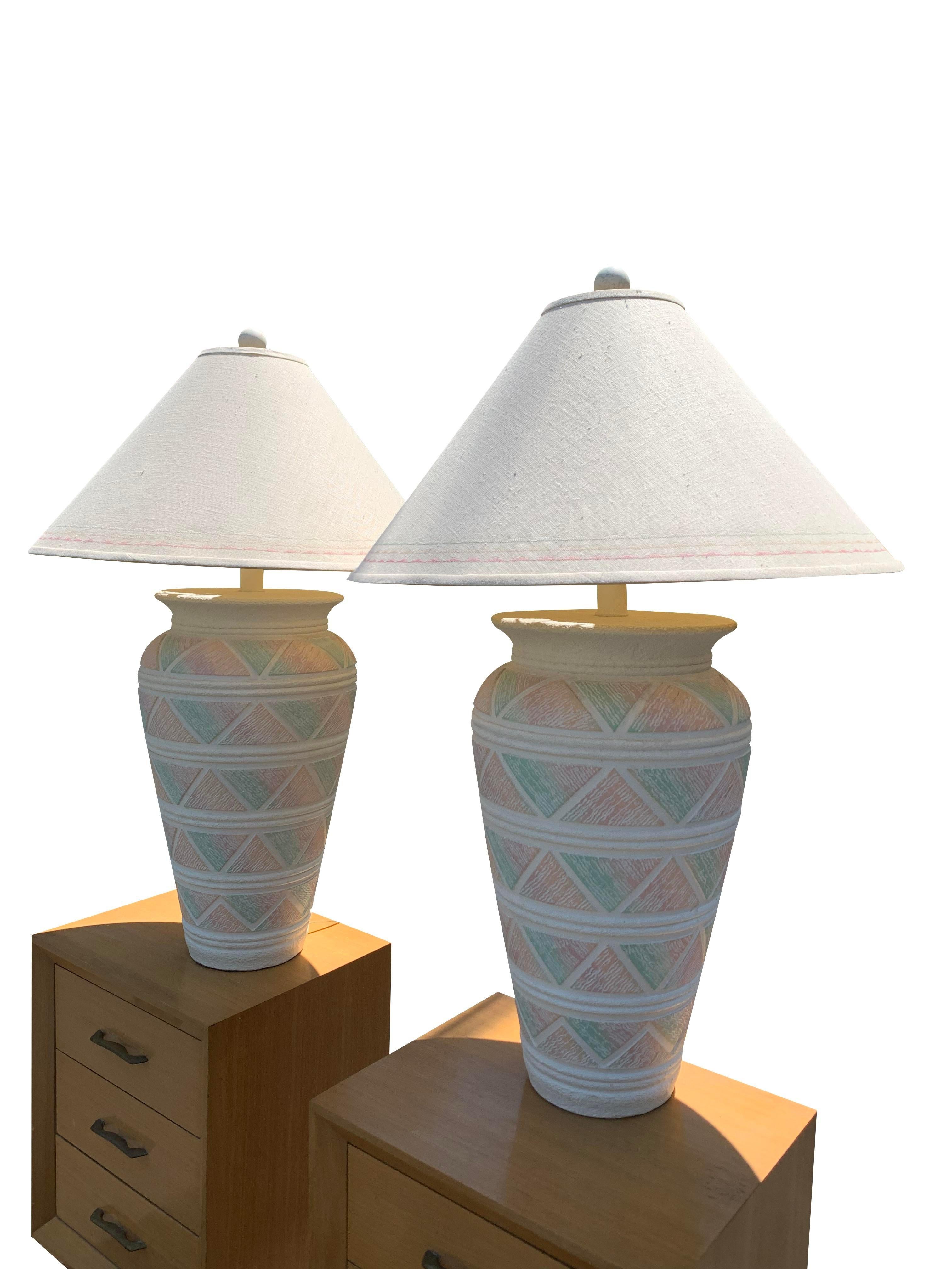 Large 1990s Southwest Deco Modern Style Table Lamps in Pink Green Pastels a Pair 3