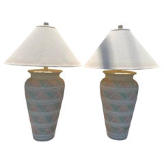 Large 1990s Southwest Deco Modern Style Table Lamps in Pink Green Pastels a Pair