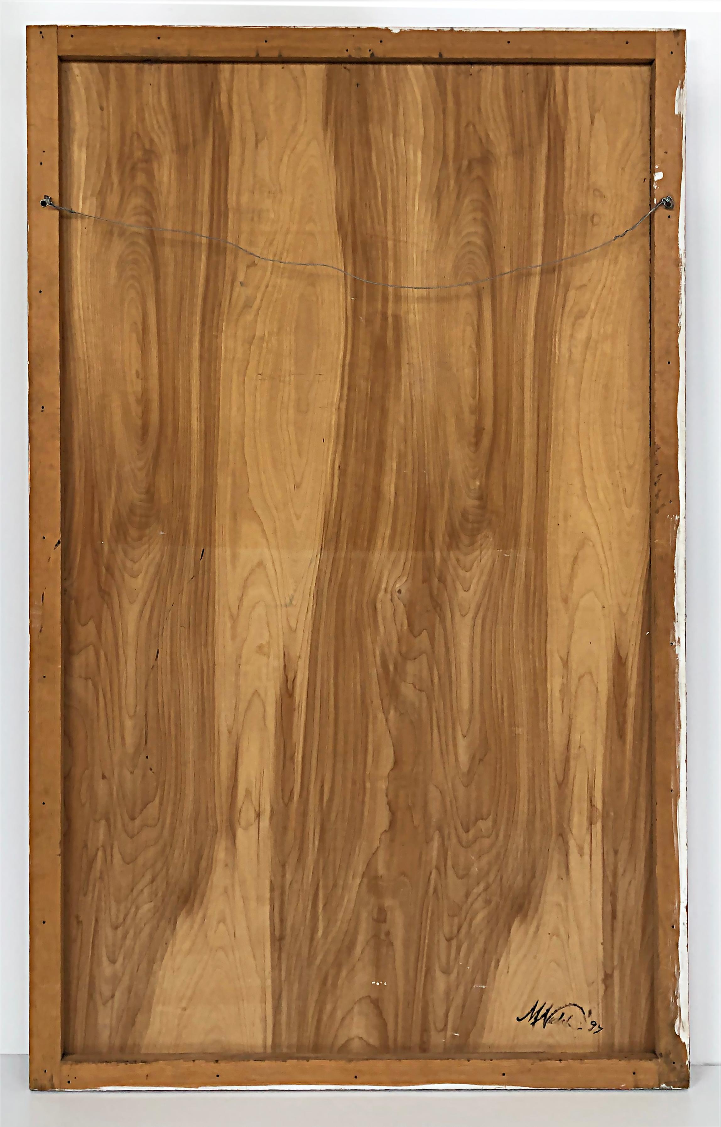 20ième siècle Grande peinture abstraite sur bois surréaliste futuriste et surréaliste de 1997, signée en vente