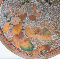 Large 19c Antique Meiji Period Japanese Wall dish with Quails Bronze Flowers