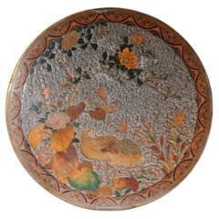 Large 19c Antique Meiji Period Japanese Wall dish with Quails Bronze Flowers