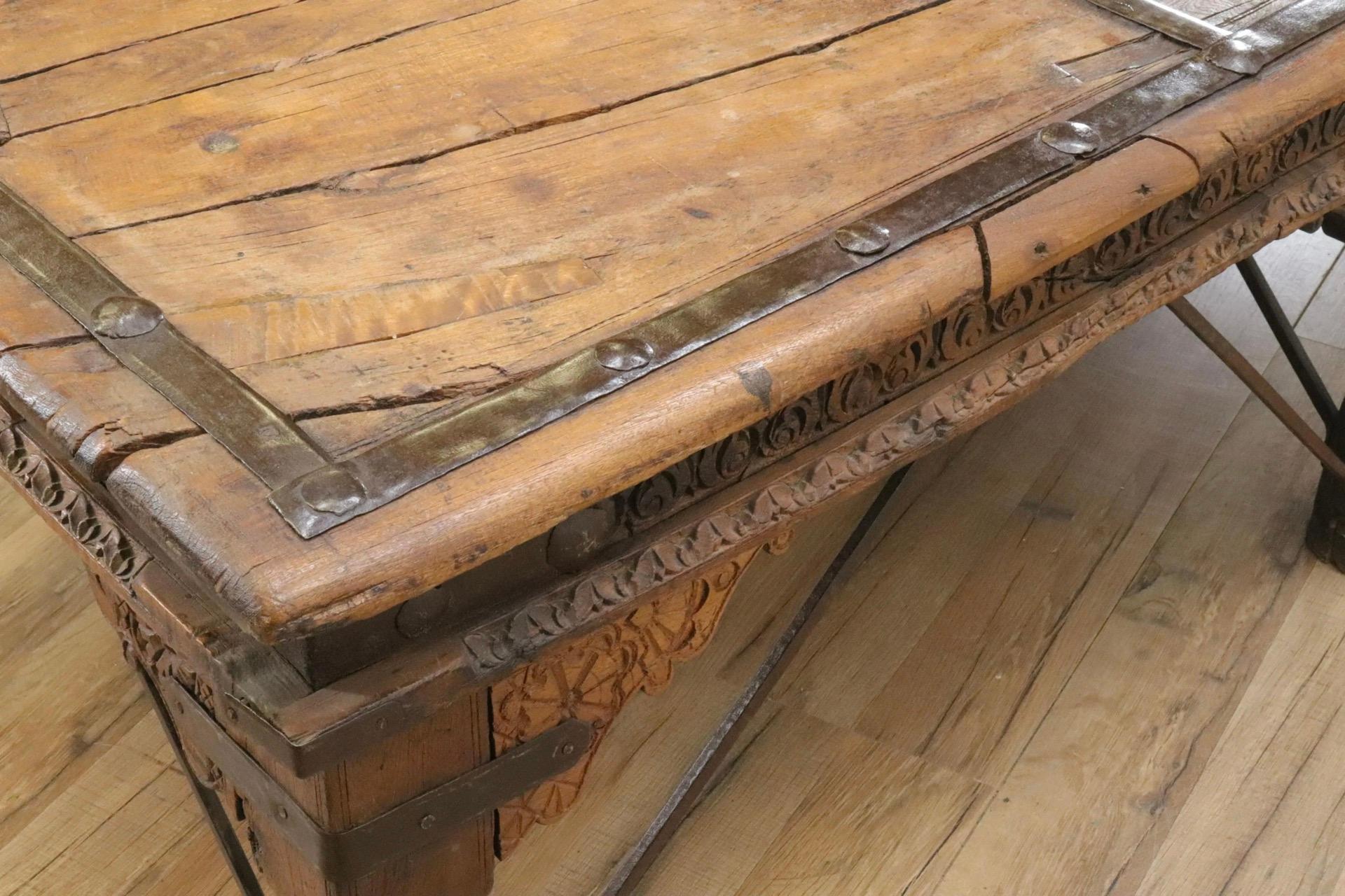 Large 19C Rustic Indian Carved Wood Coffee Table For Sale 1