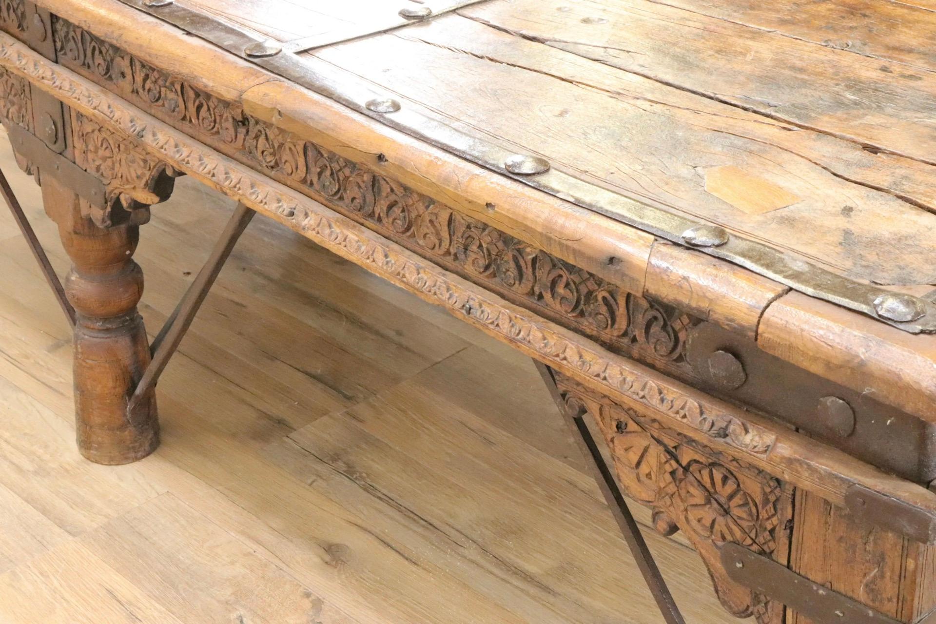 Large 19C Rustic Indian Carved Wood Coffee Table For Sale 2