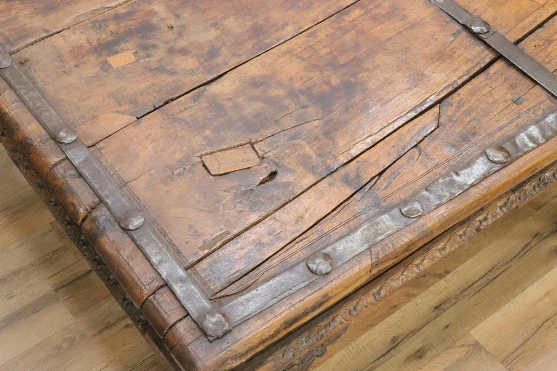Large 19C Rustic Indian Carved Wood Coffee Table In Good Condition For Sale In Sheffield, MA