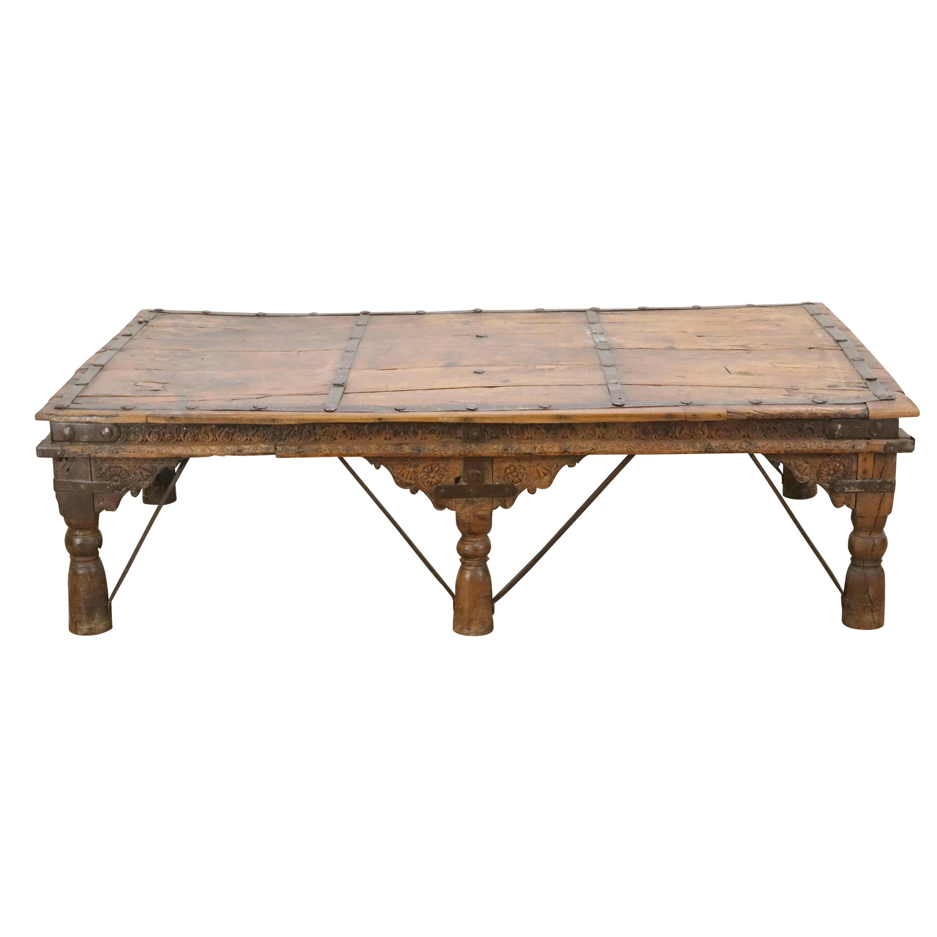 Large 19C Rustic Indian Carved Wood Coffee Table