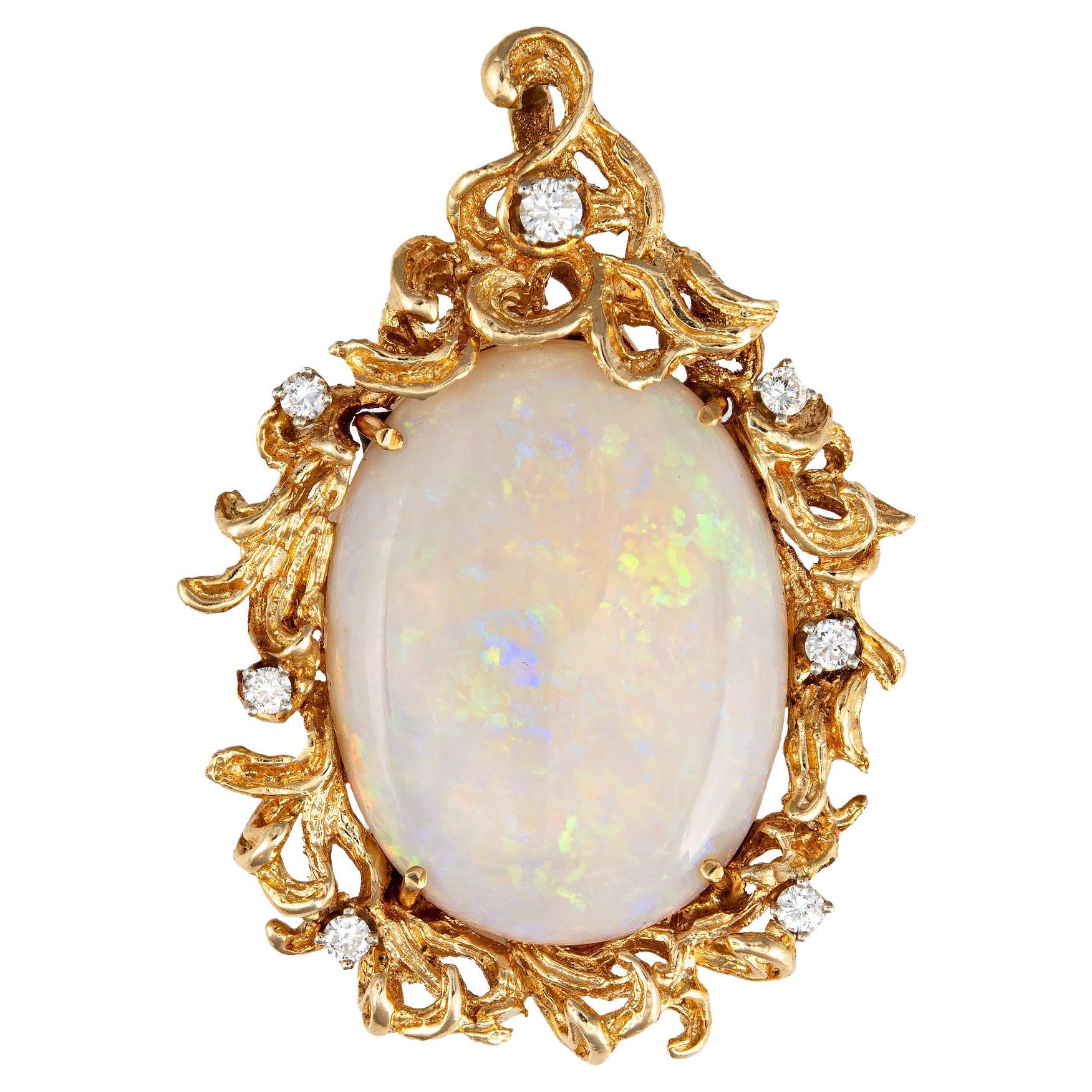 Large 19ct Opal Diamond Pendant 70s Vintage 14k Yellow Gold Estate Fine Jewelry For Sale
