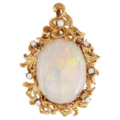 Large 19ct Opal Diamond Pendant 70s Vintage 14k Yellow Gold Estate Fine Jewelry