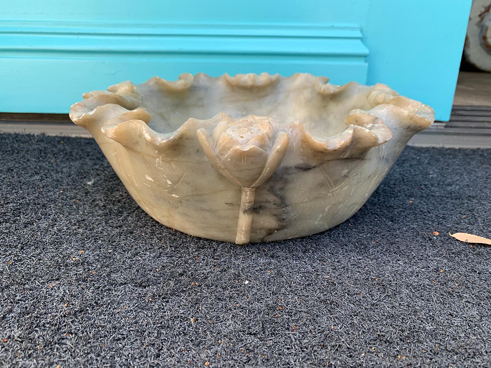 Large 19th-20th Century Chinese Carved Soapstone Bowl with Lotus In Good Condition In Atlanta, GA
