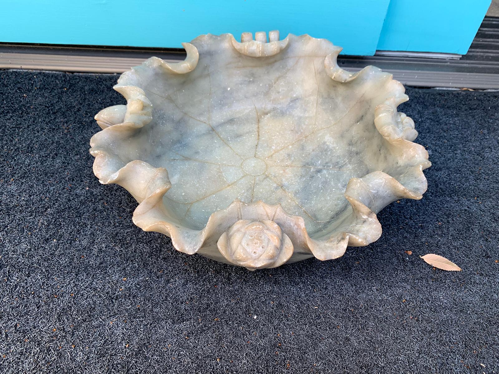 Large 19th-20th Century Chinese Carved Soapstone Bowl with Lotus 1